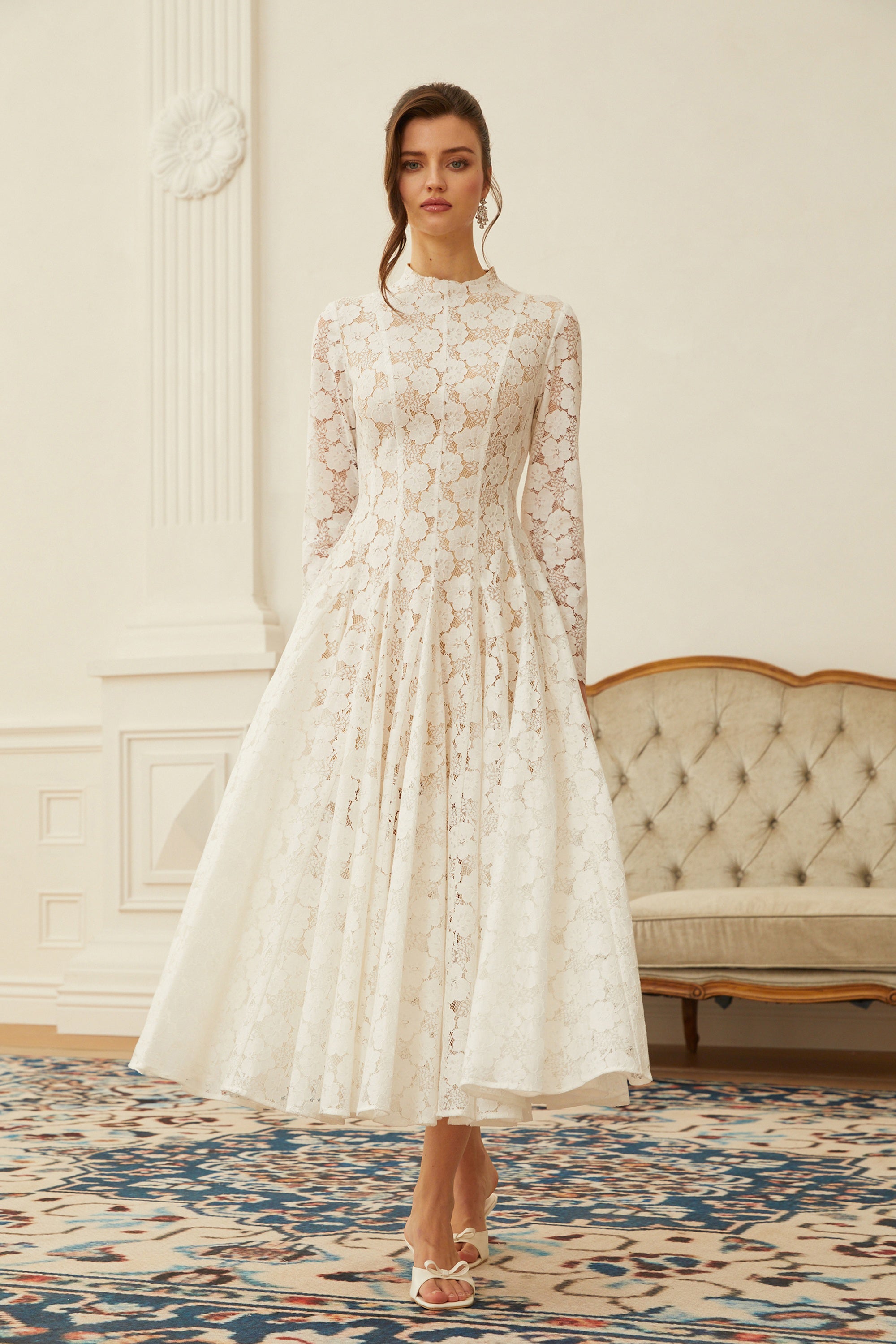 White Pleated Floral Lace Midi Dress