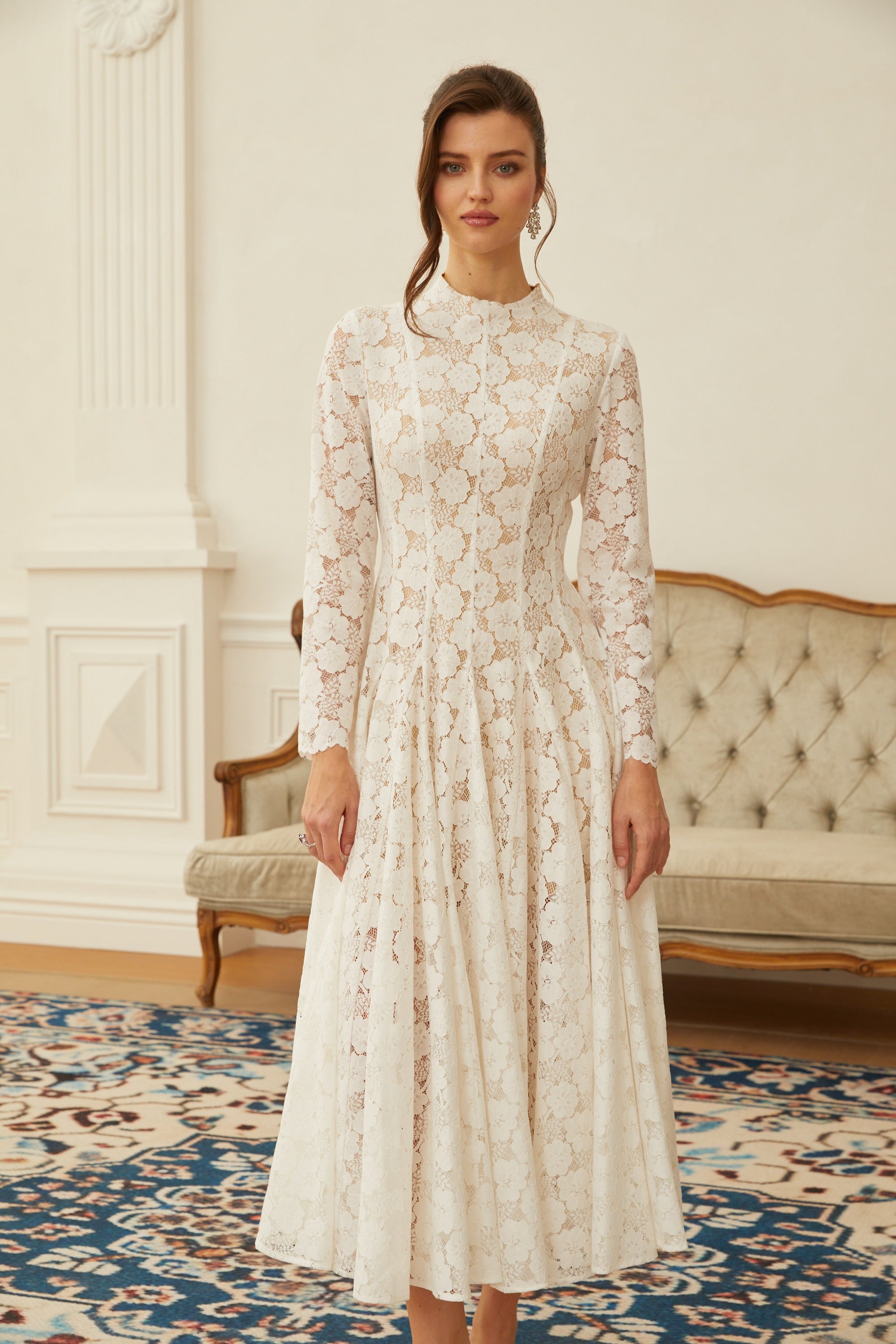 White Pleated Floral Lace Midi Dress