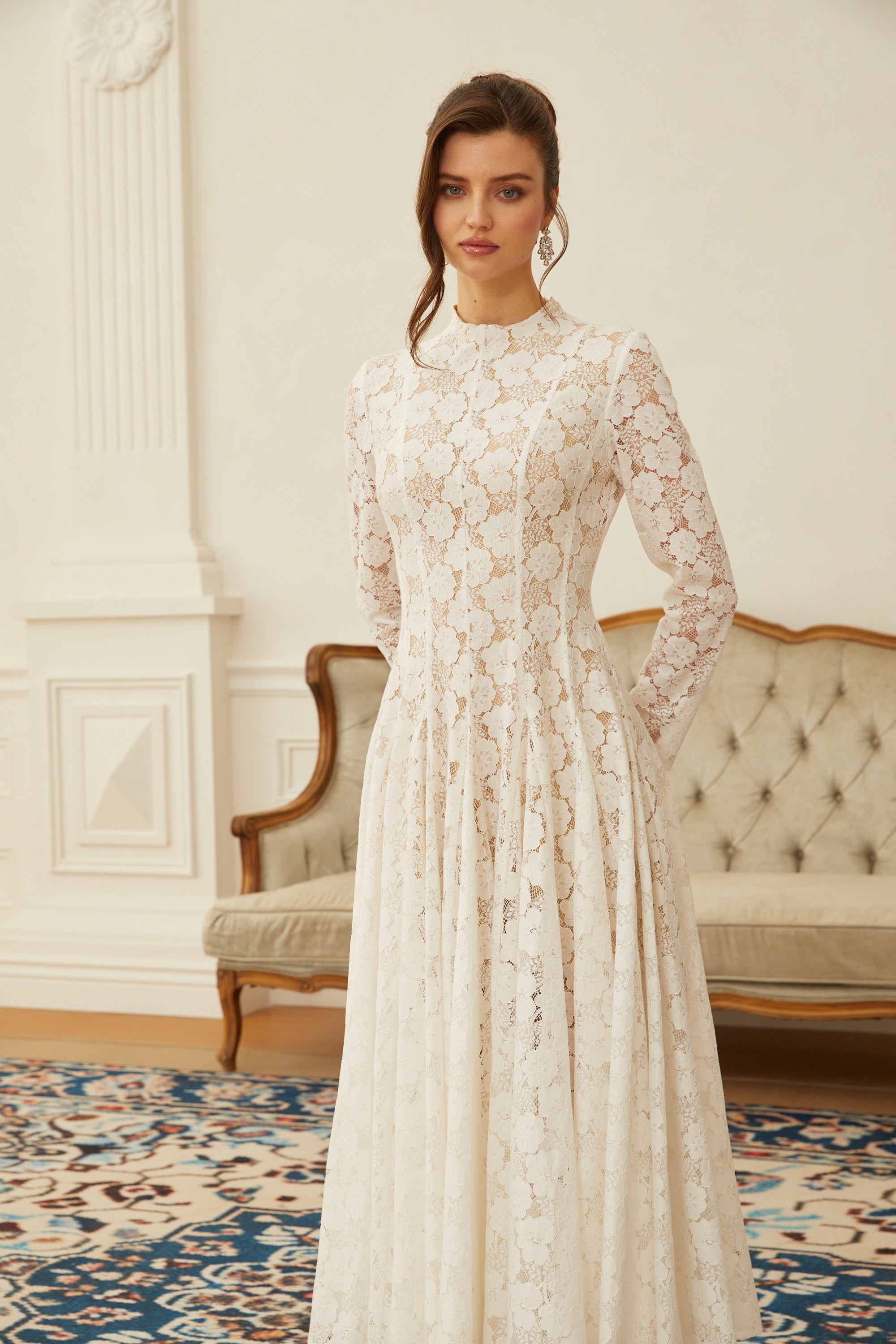 White Pleated Floral Lace Midi Dress