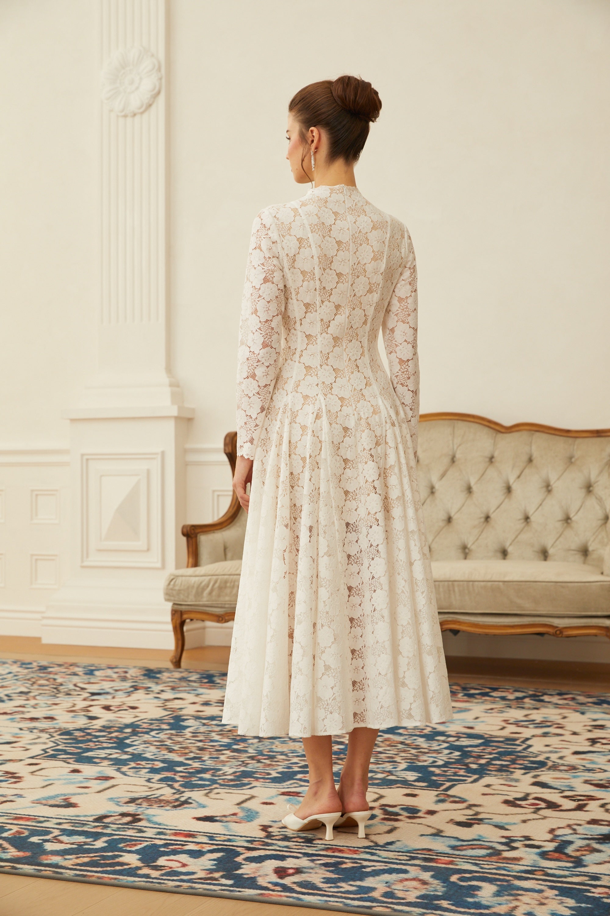 White Pleated Floral Lace Midi Dress