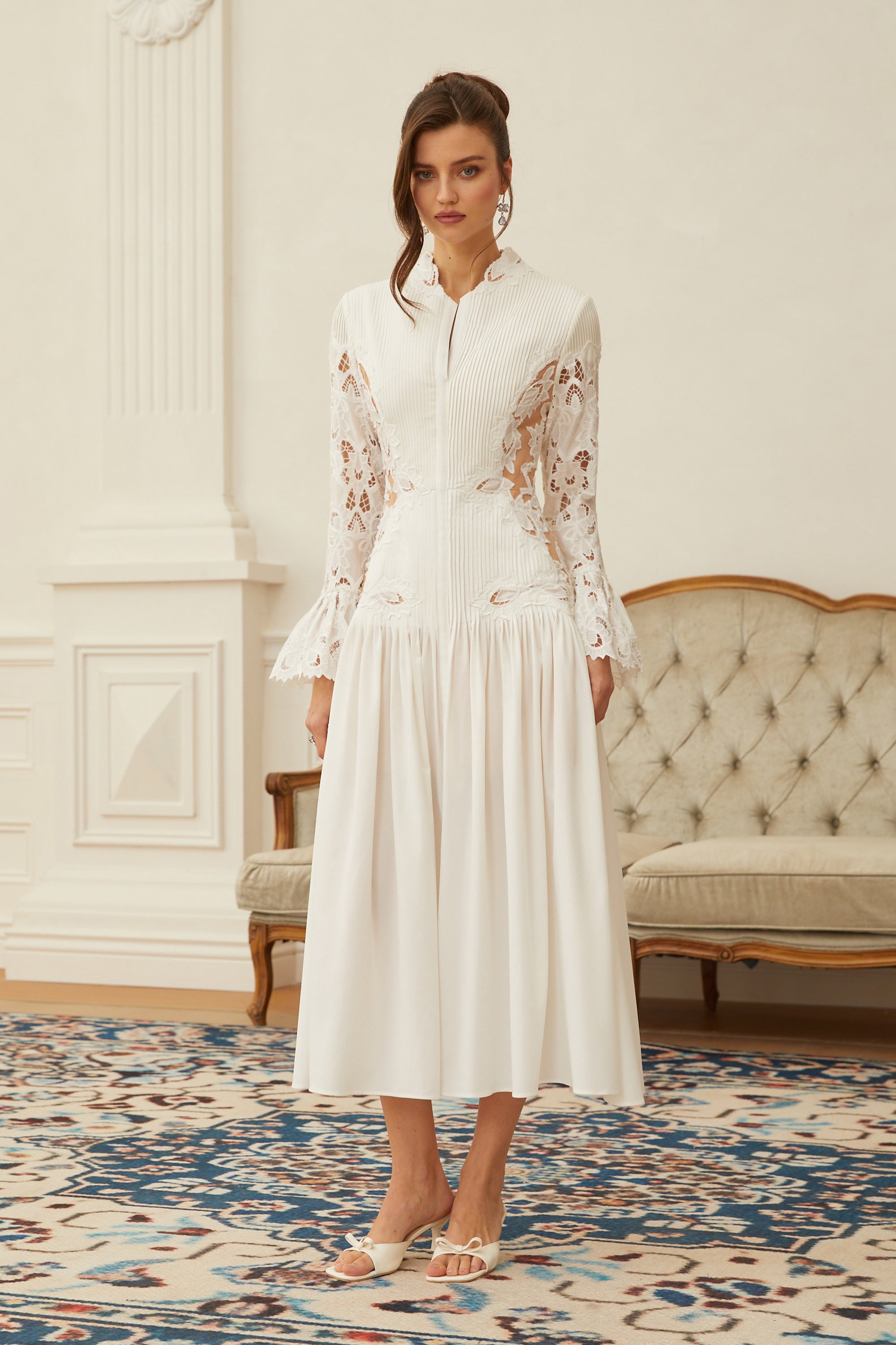 Chiara White Lace Panel Pleated Midi Dress – Miss Rosier - Women's