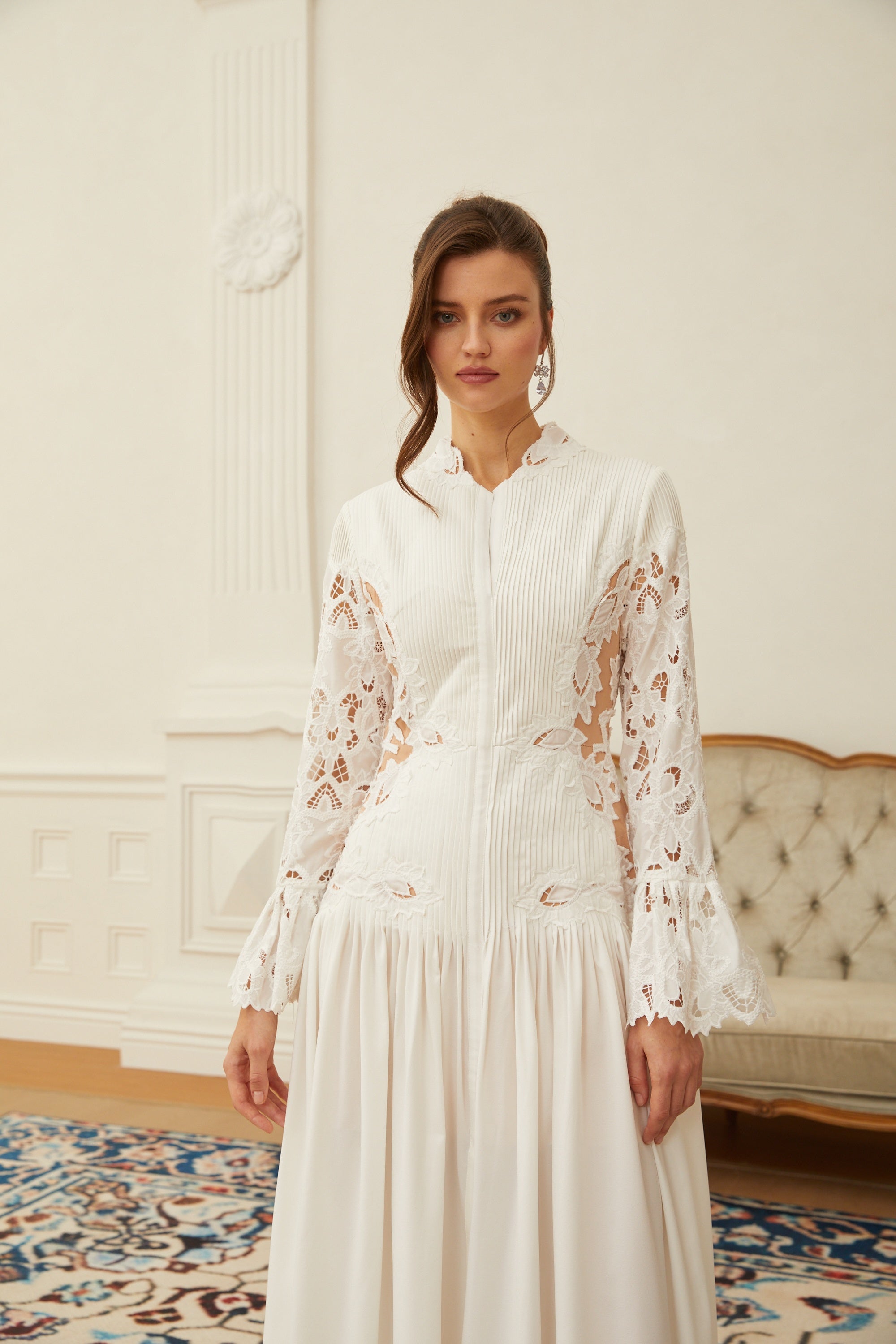 Chiara White Lace Panel Pleated Midi Dress – Miss Rosier - Women's