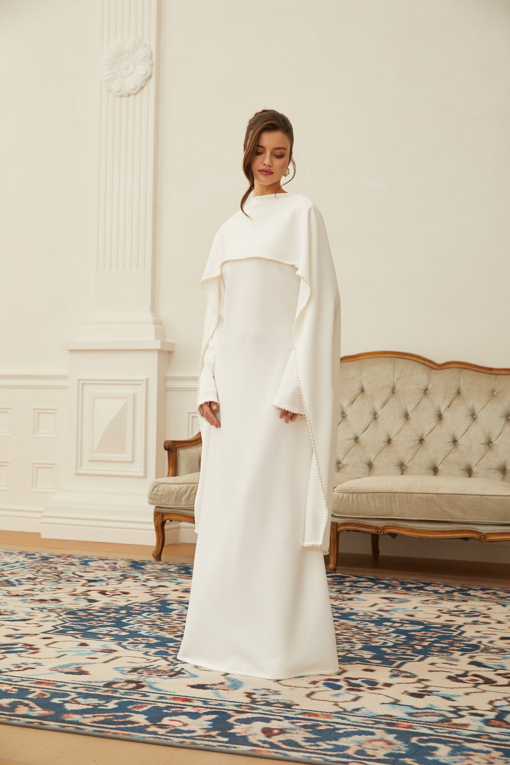 Pearl Trim Shawl Detail Maxi Dress