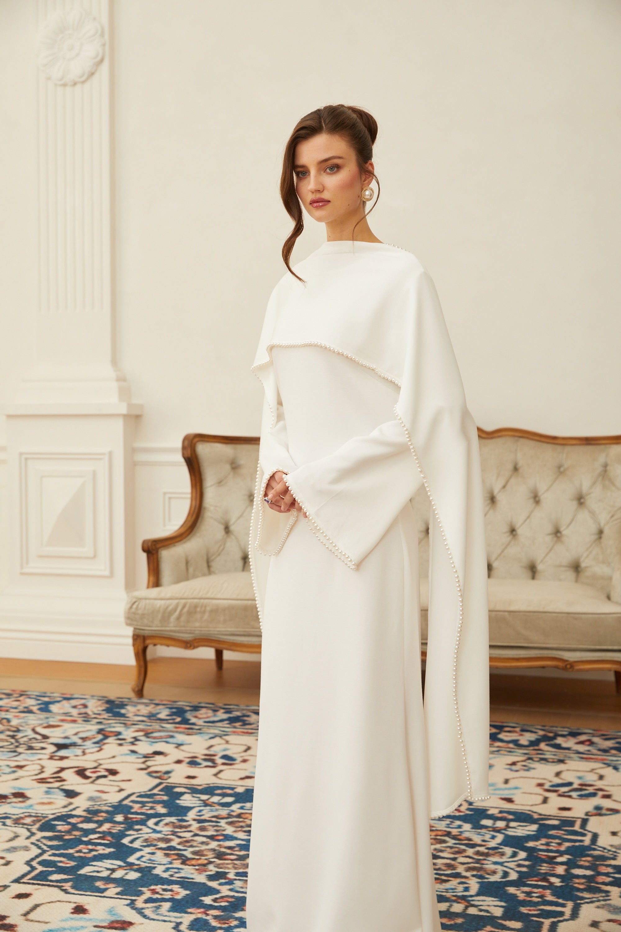 Pearl Trim Shawl Detail Maxi Dress