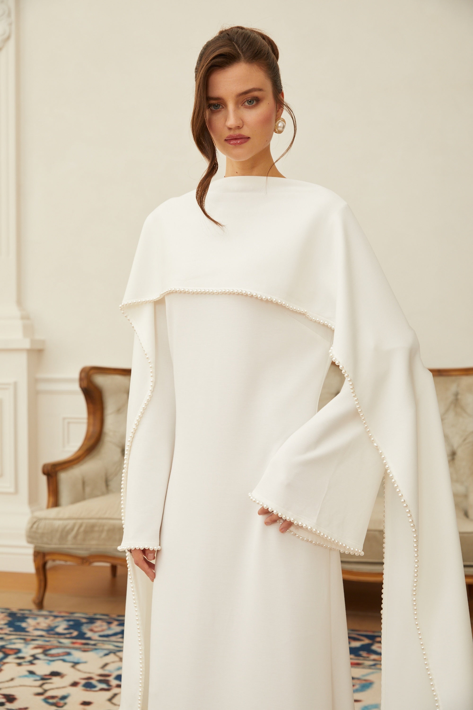 Pearl Trim Shawl Detail Maxi Dress