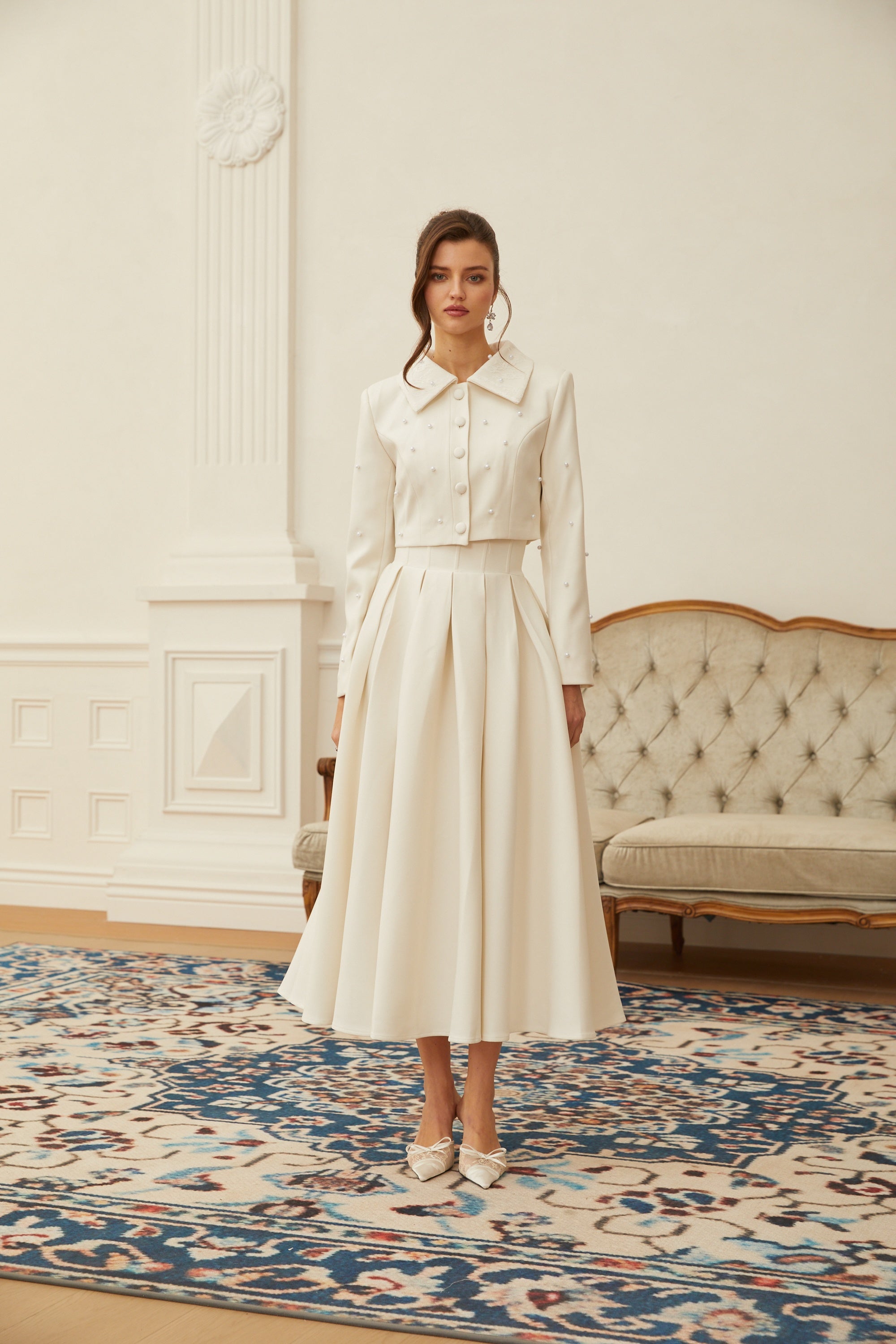  Faux Pearl Jacket & Pleated Skirt Set
