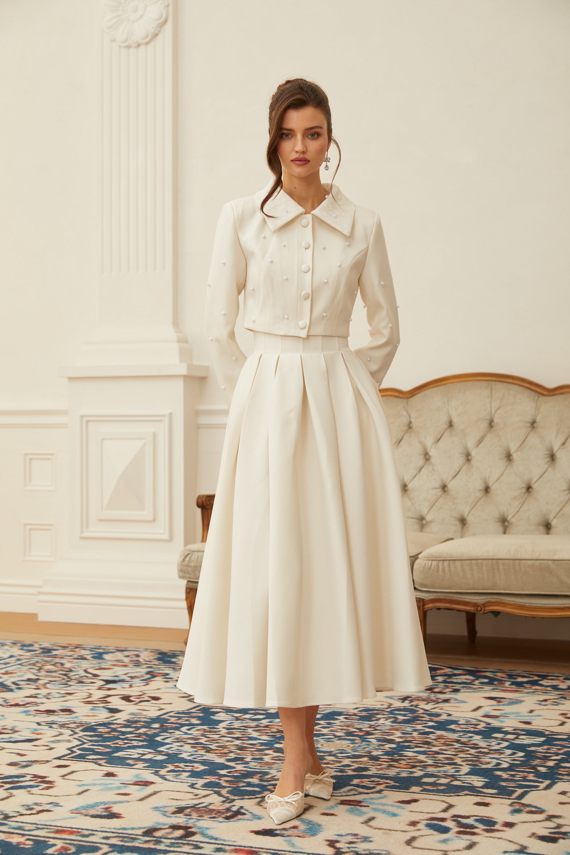  Faux Pearl Jacket & Pleated Skirt Set