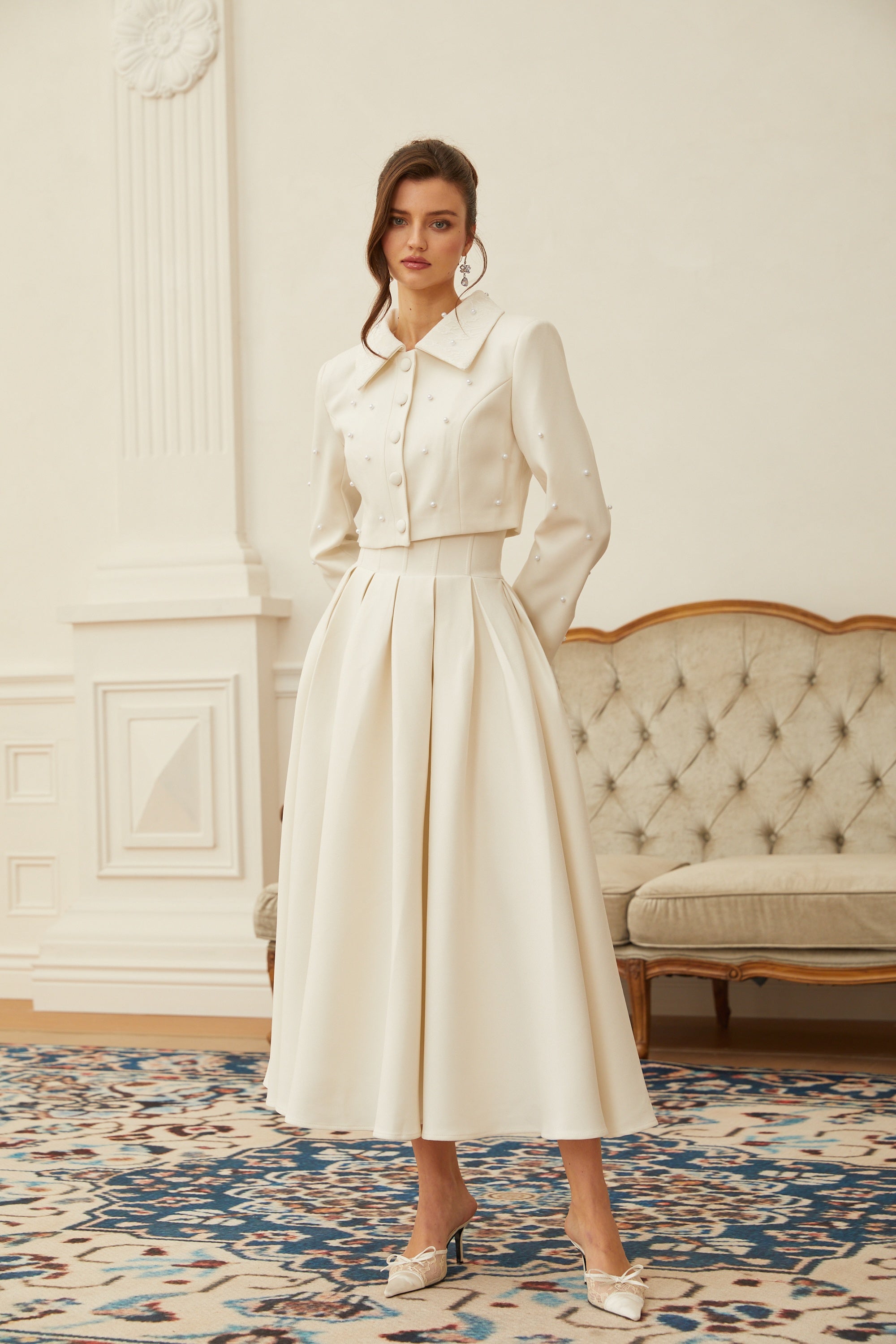  Faux Pearl Jacket & Pleated Skirt Set