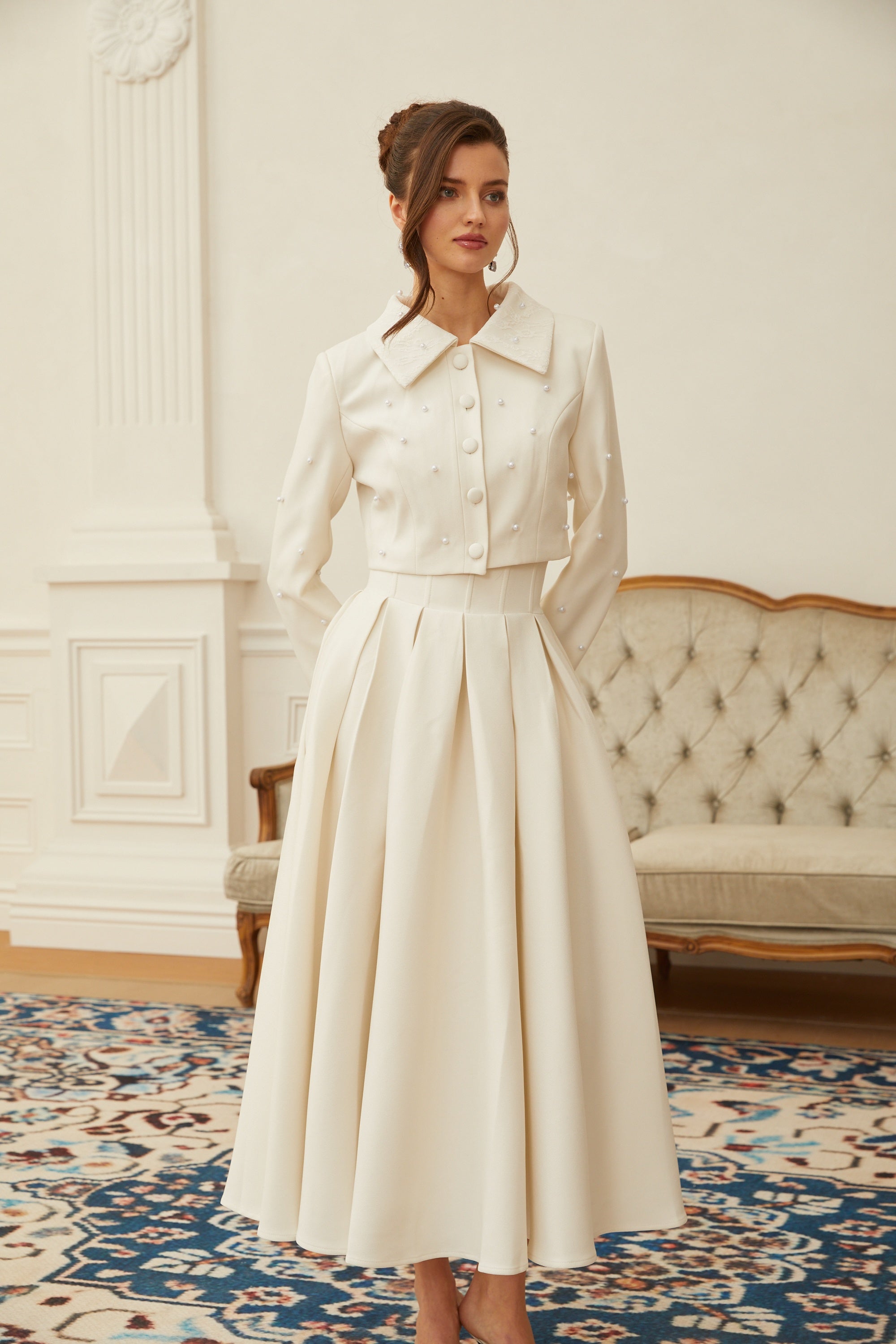  Faux Pearl Jacket & Pleated Skirt Set