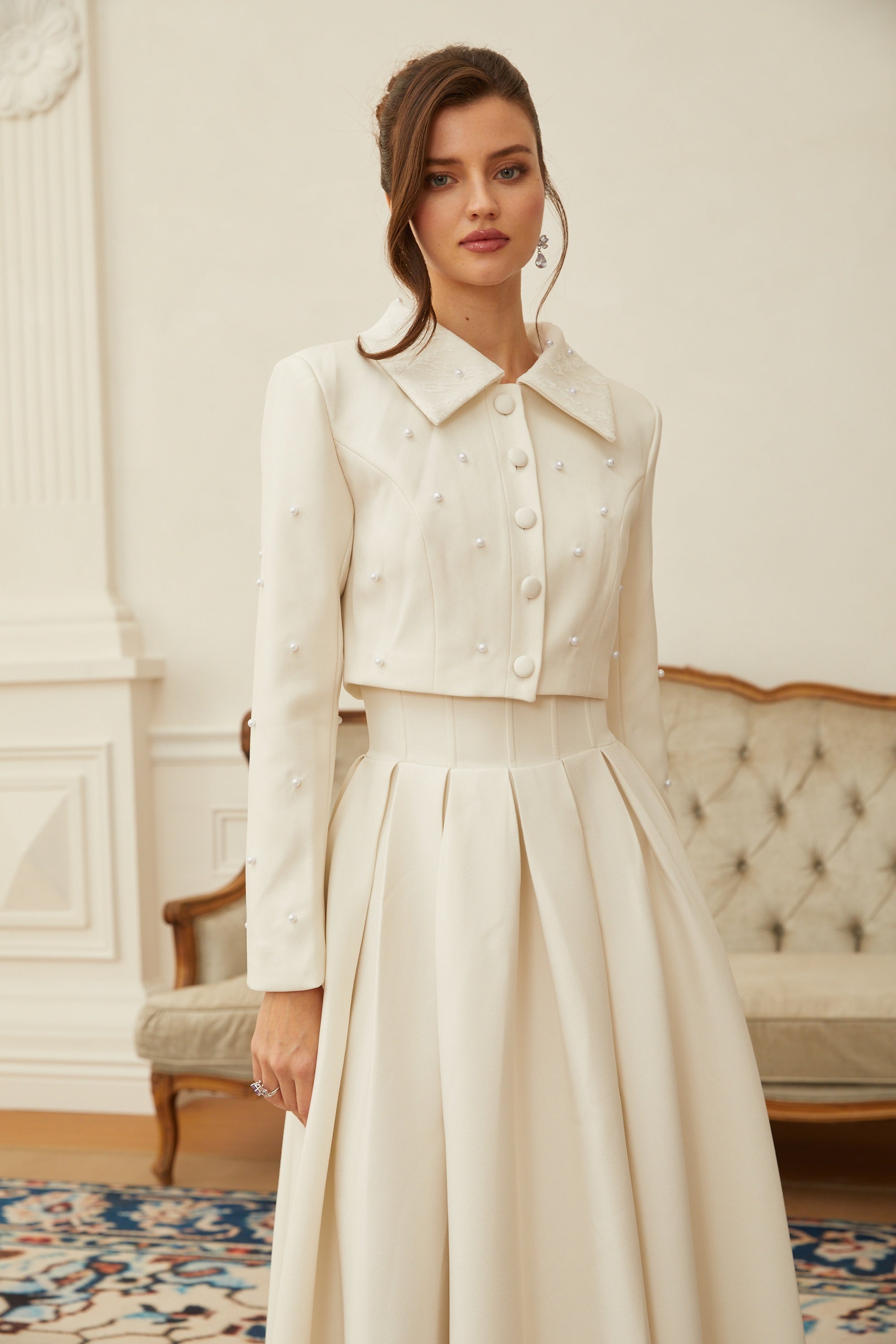  Faux Pearl Jacket & Pleated Skirt Set