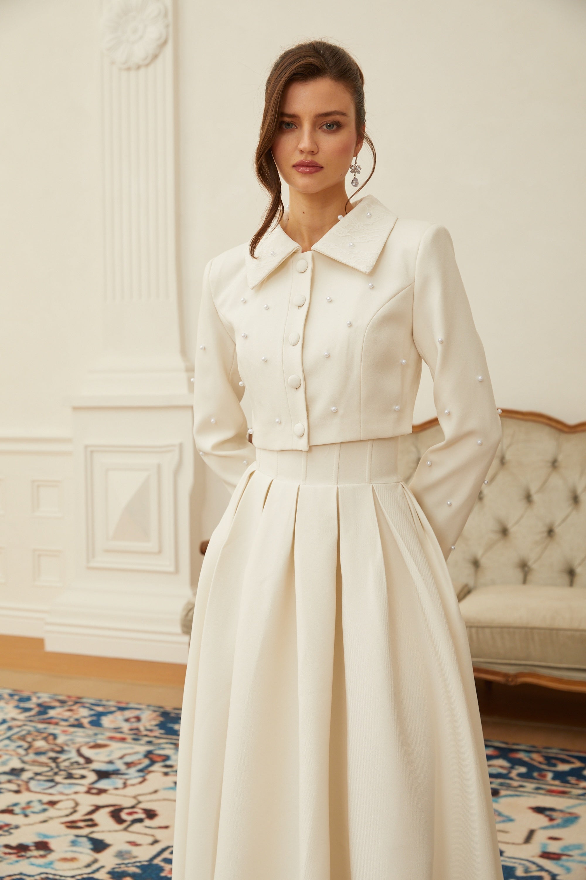  Faux Pearl Jacket & Pleated Skirt Set