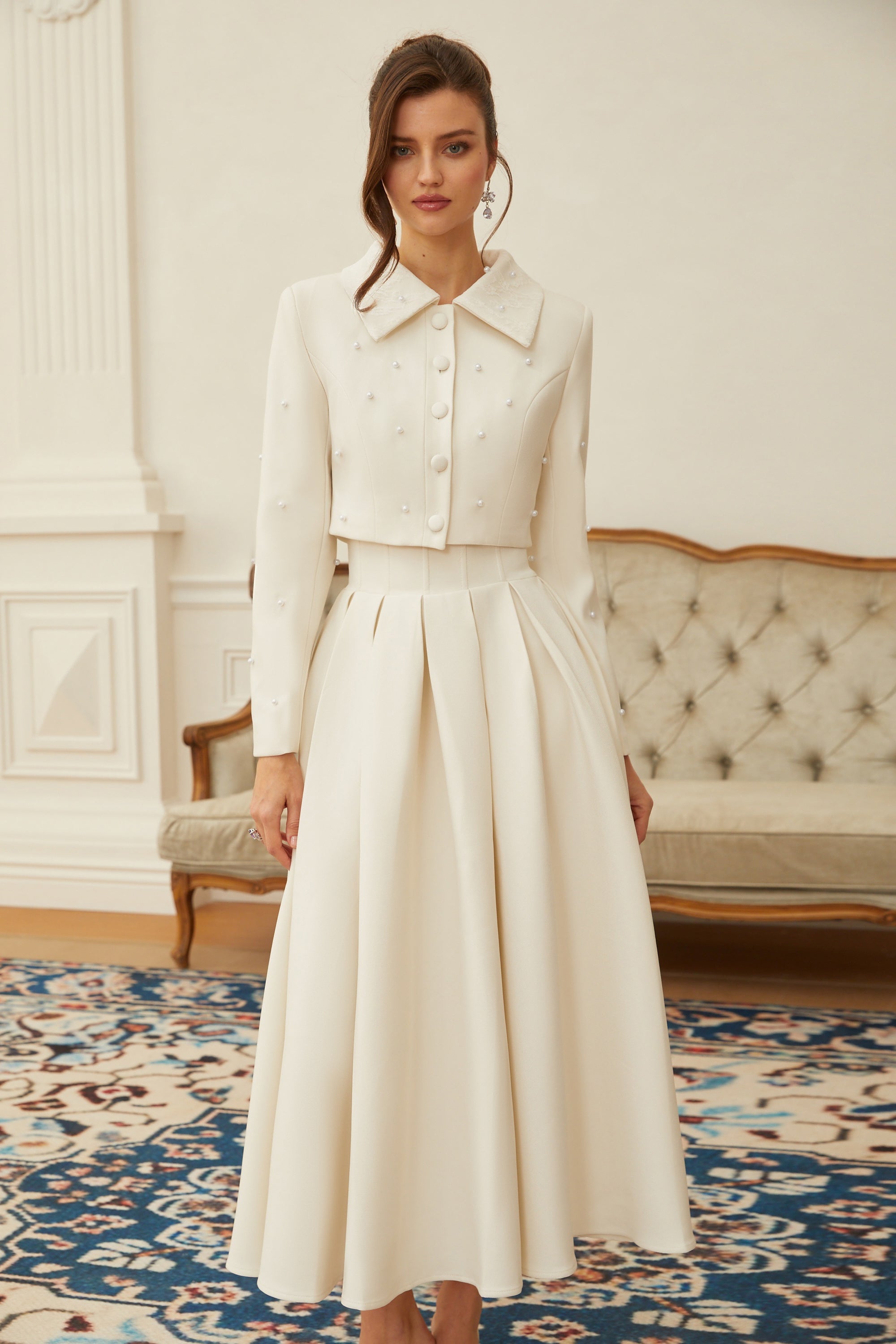  Faux Pearl Jacket & Pleated Skirt Set