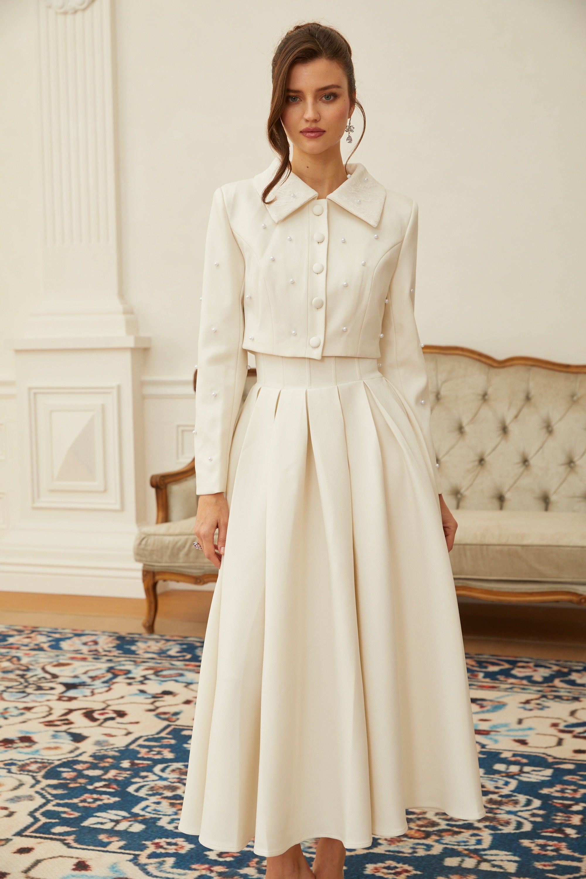  Faux Pearl Jacket & Pleated Skirt Set