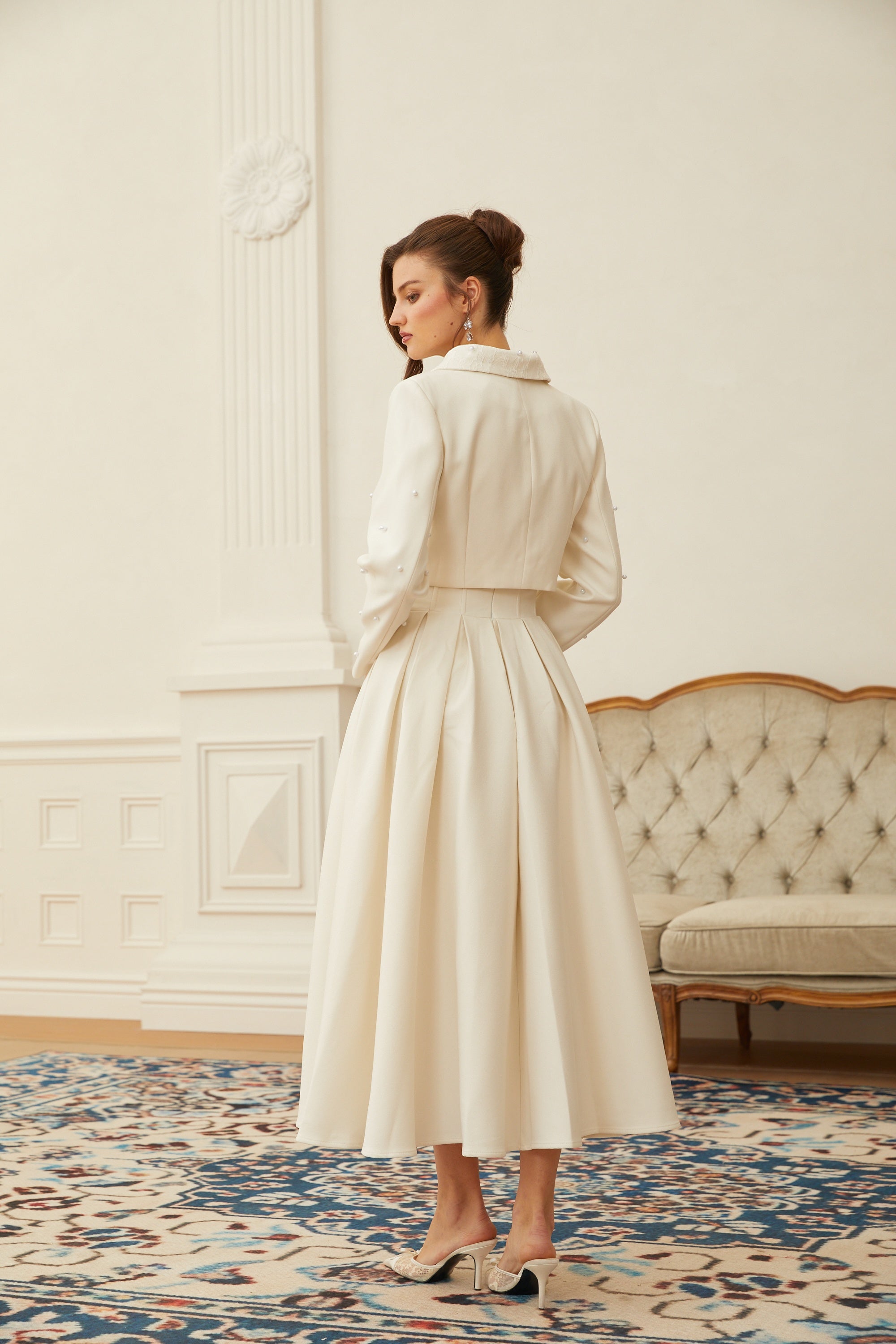  Faux Pearl Jacket & Pleated Skirt Set