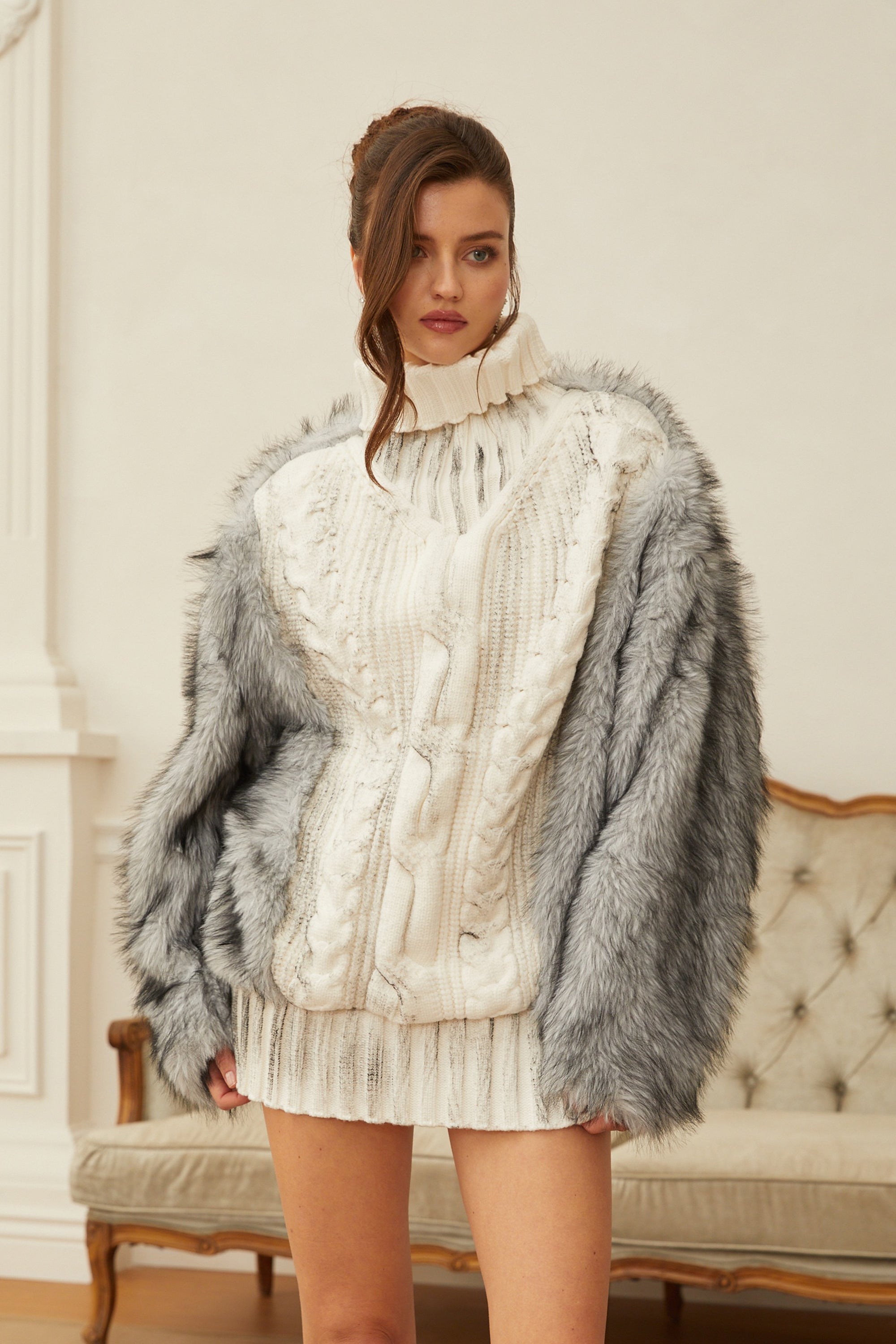 Calypso White Fur Panel Cable Knit Sweater – Miss Rosier - Women's
