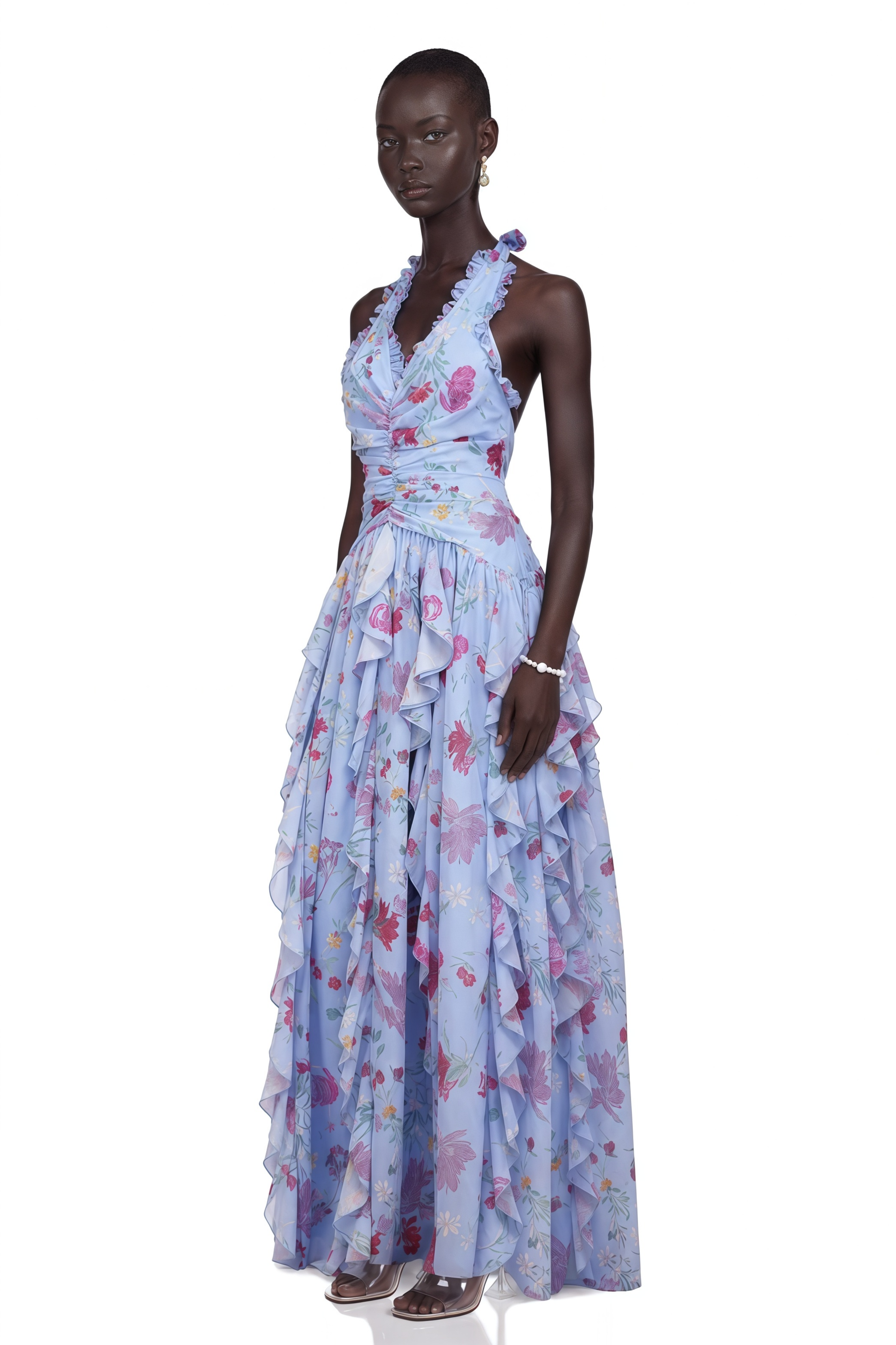 Thaïs Blue Ruffled Floral Print Maxi Dress