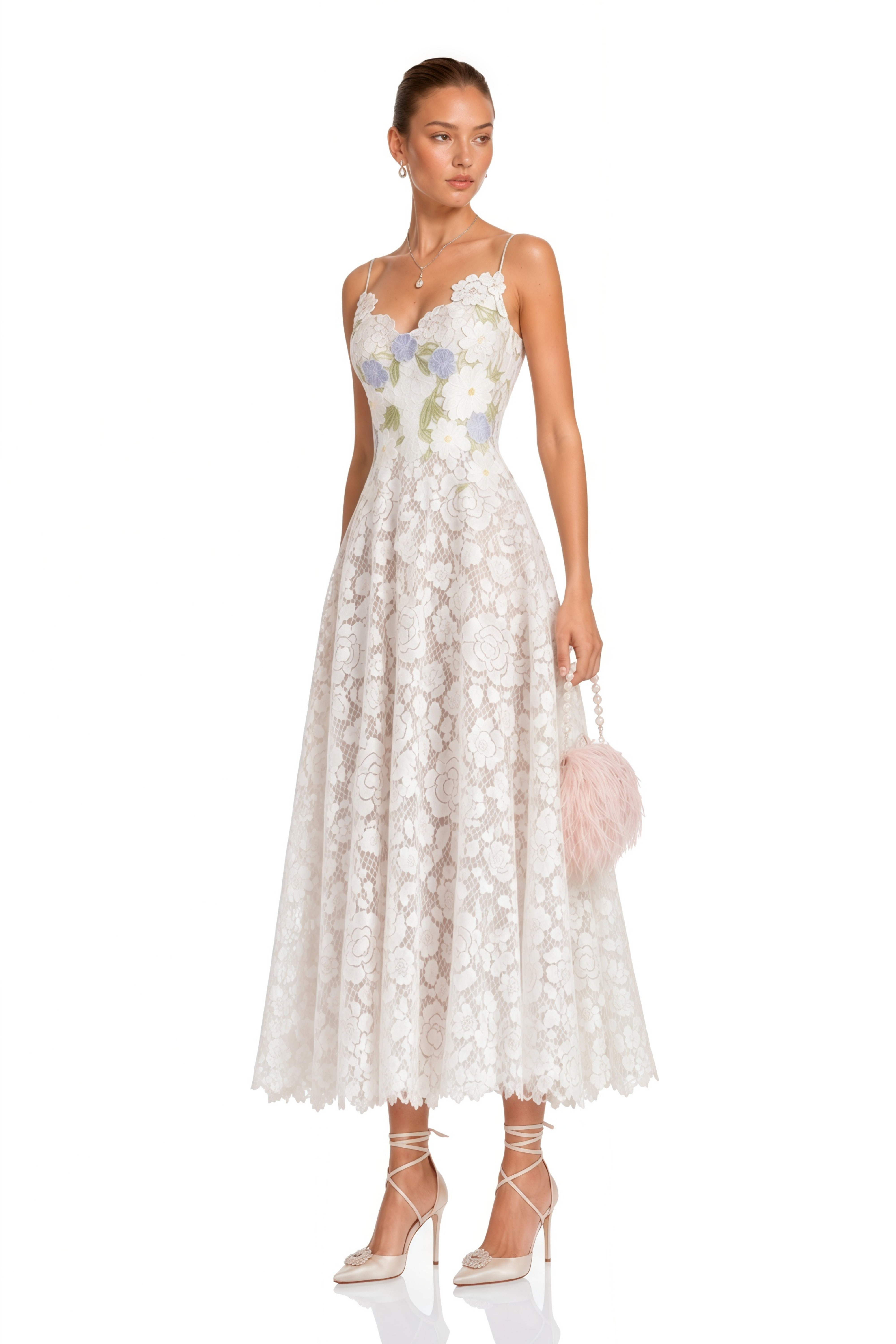 Solea White Floral Embroidered Lace Midi Dress