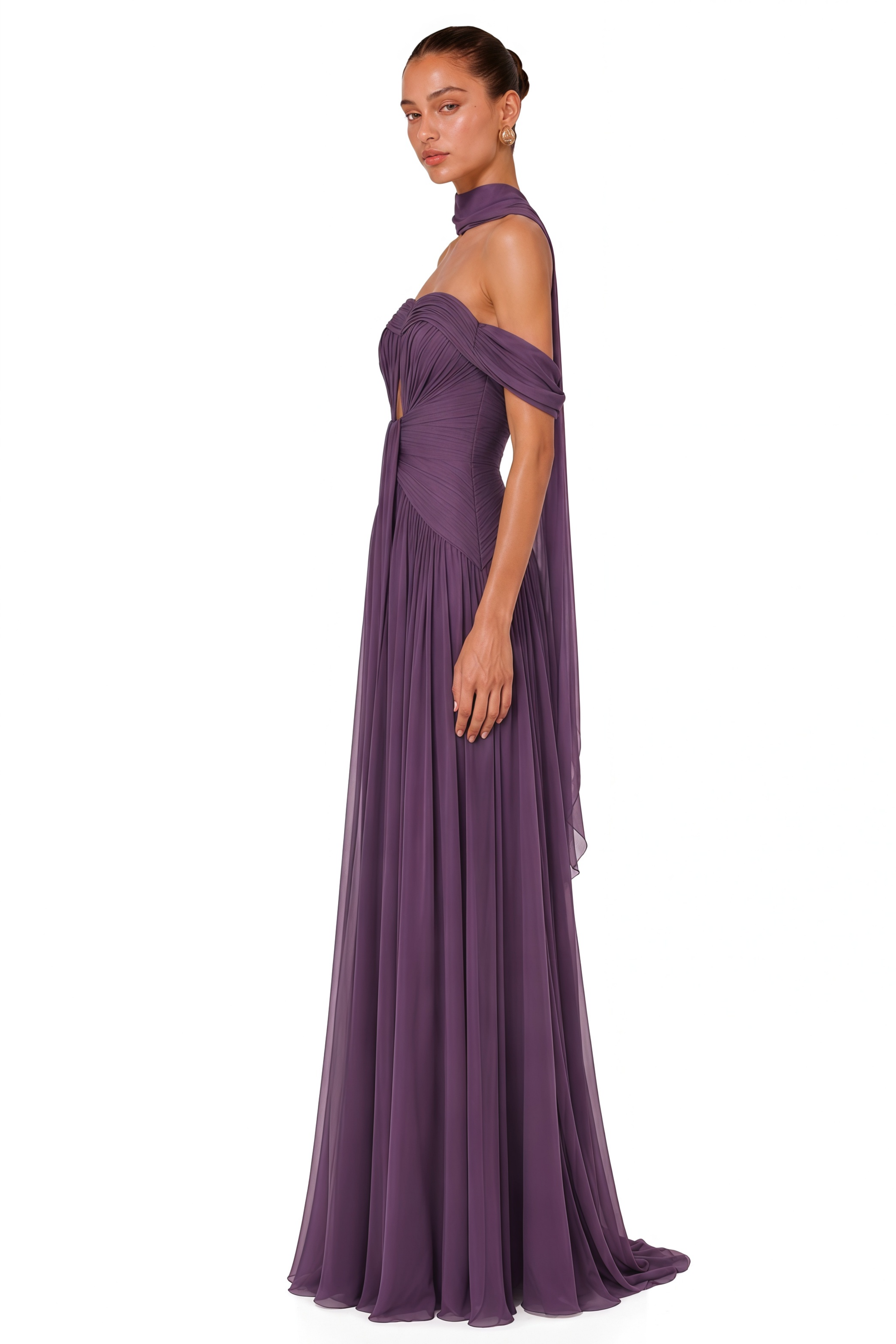 Annabelle Purple Off Shoulder Ruched Maxi Dress with Twist Front