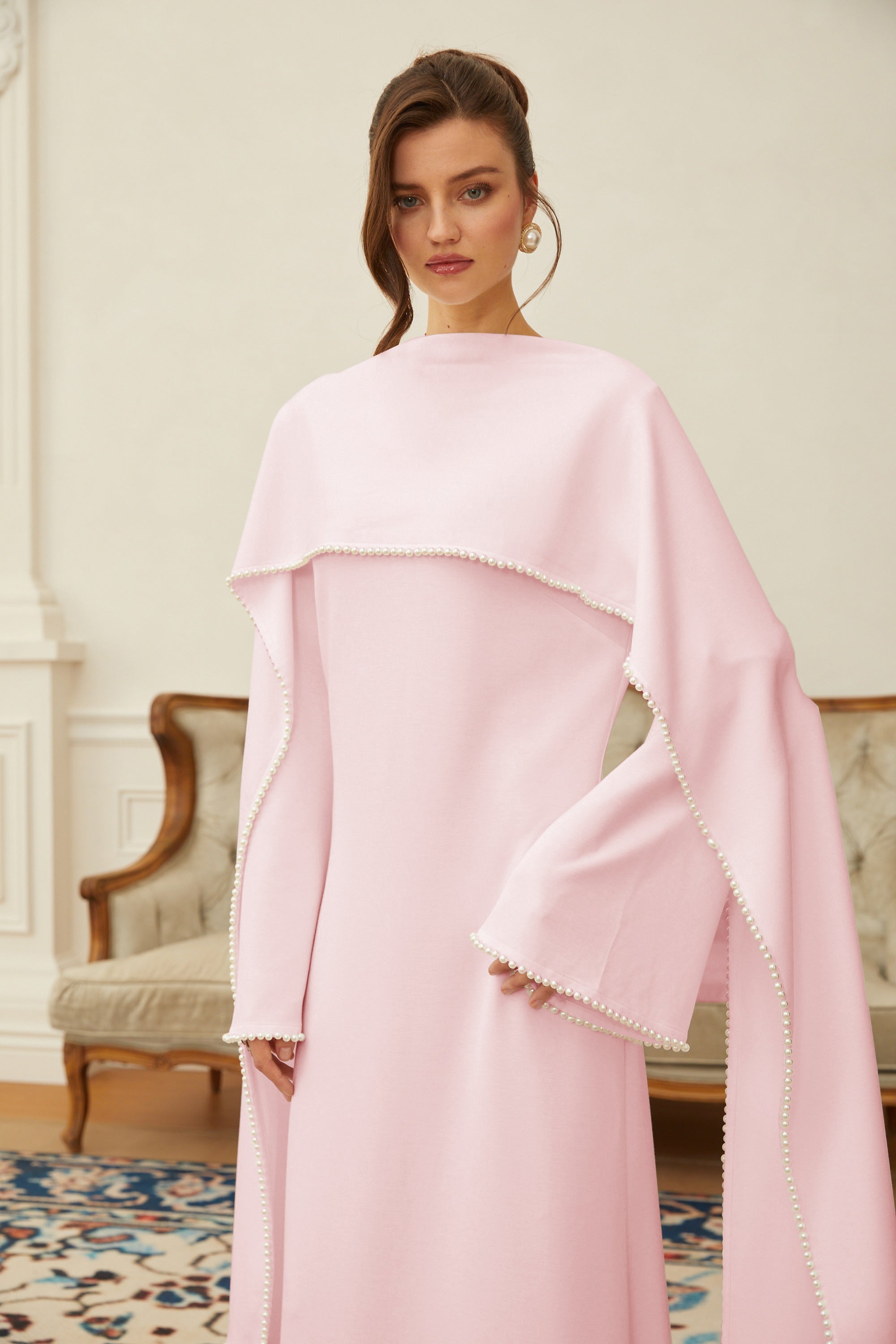 Pale pink long-sleeve maxi dress with a matching beaded cape overlay