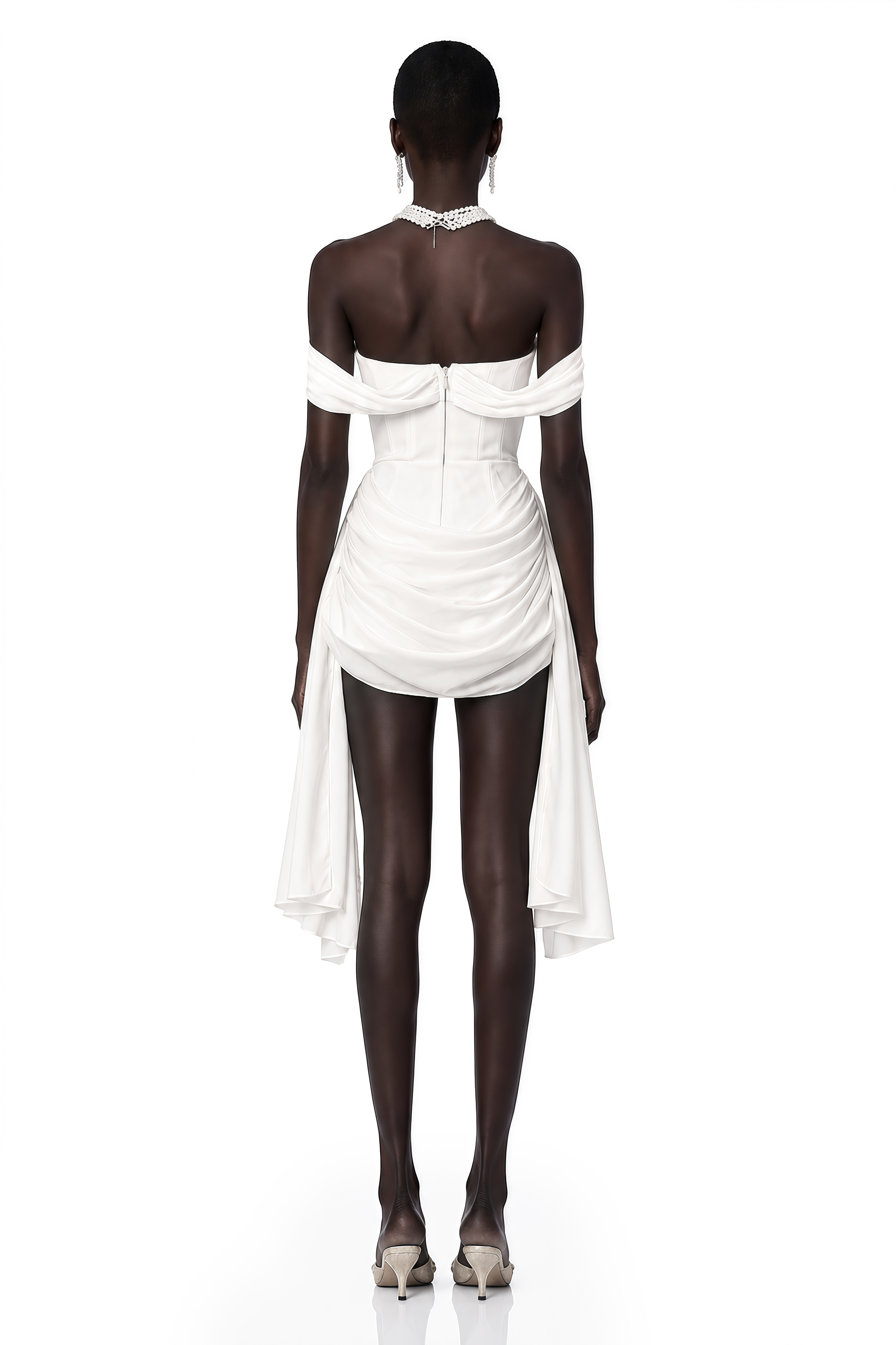 White off-the-shoulder draped mini dress with side panels