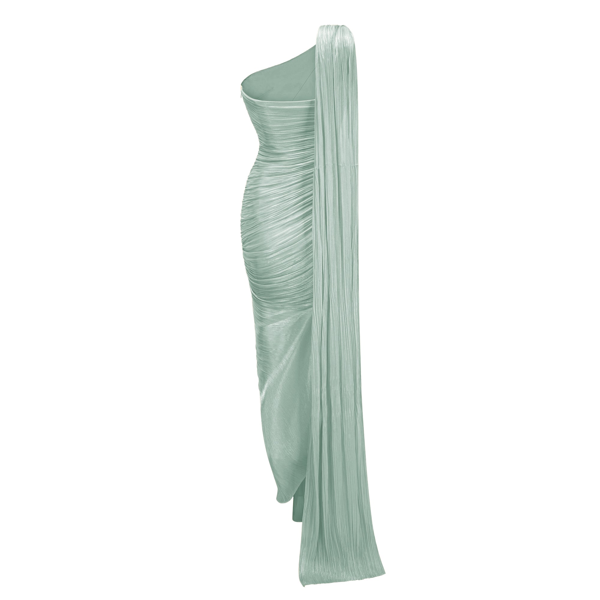 Light green one-shoulder pleated maxi dress with a high slit