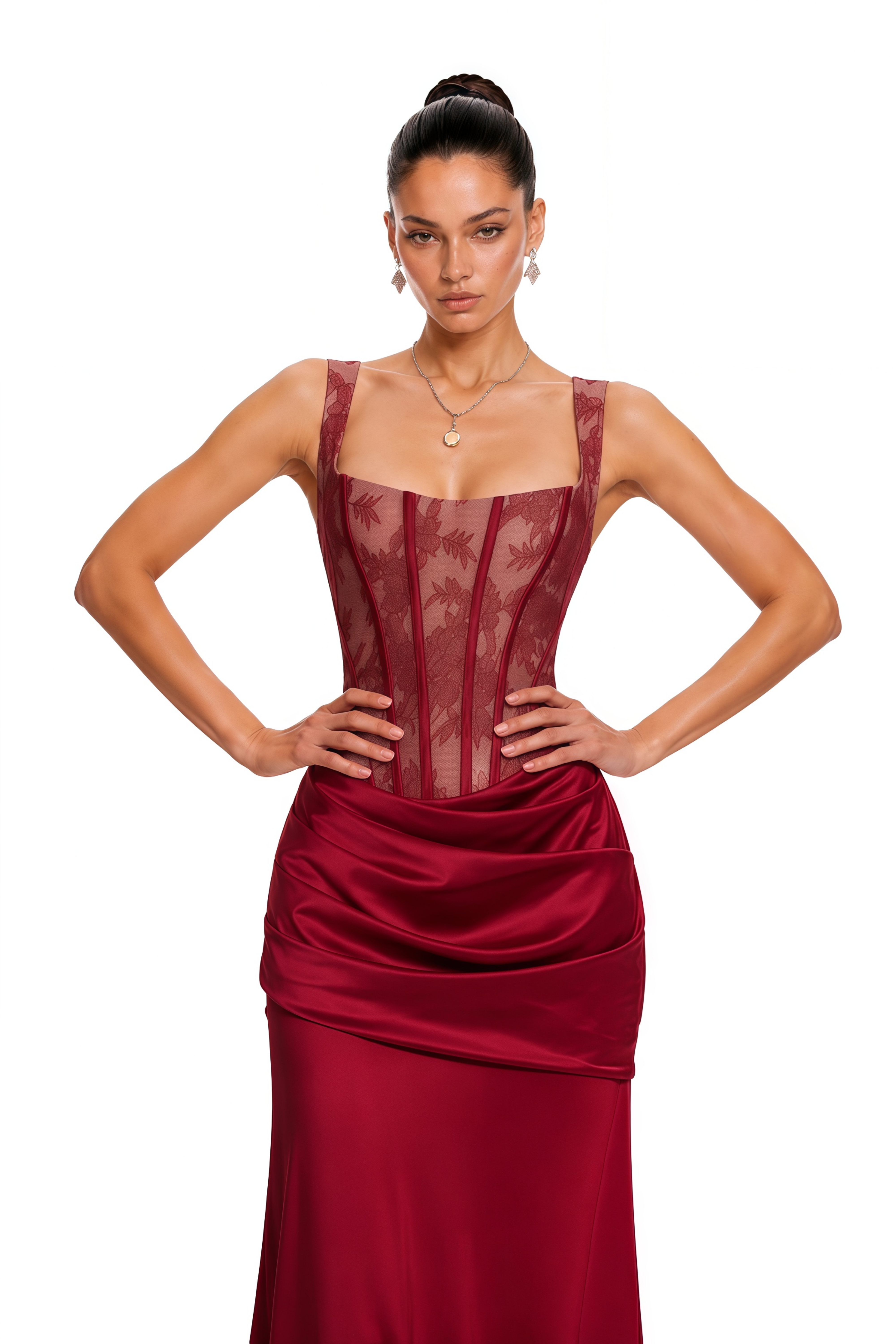 Olesya Red Lace Top & Ruched Skirt Set