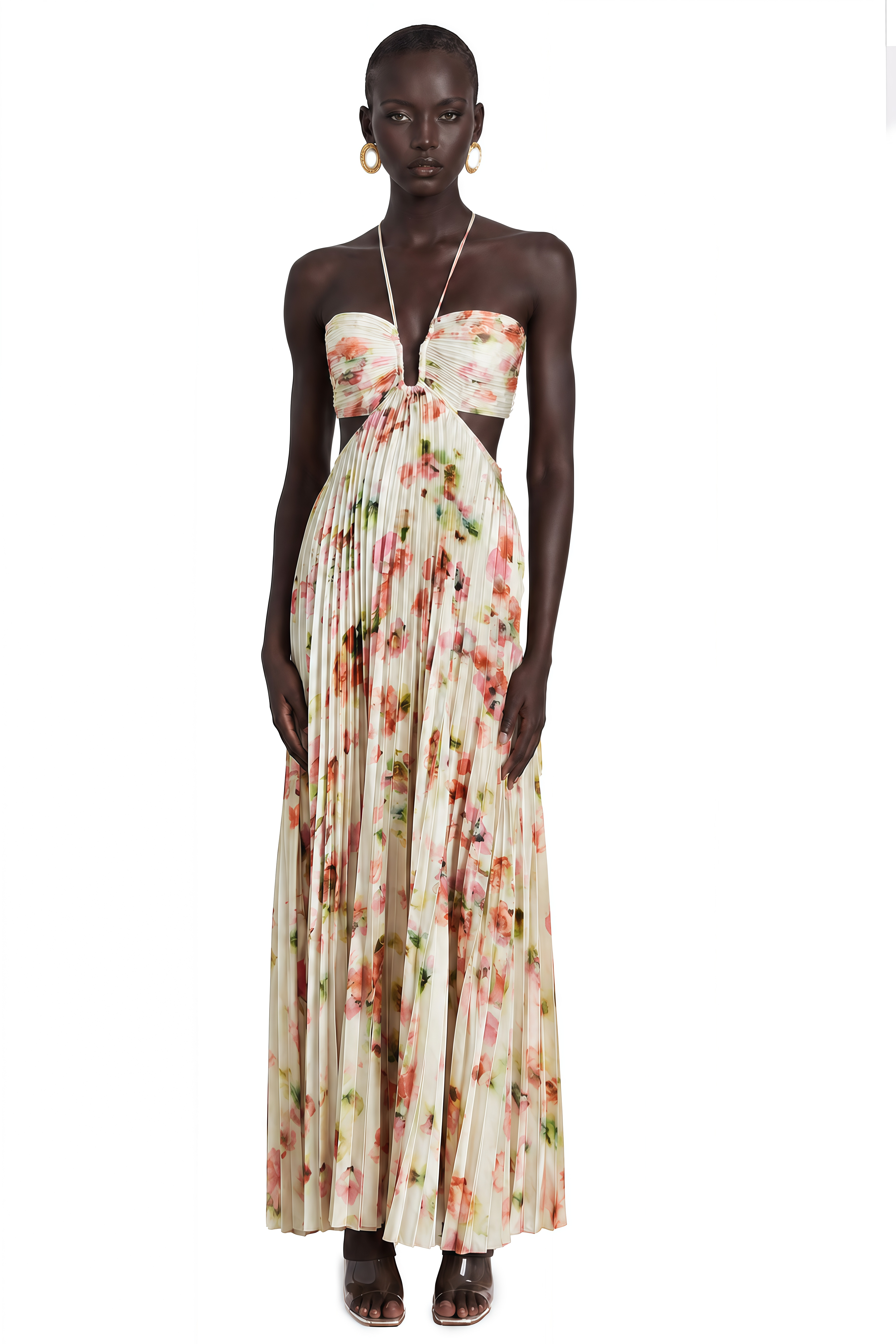 Floral pleated halter gown with side cutouts