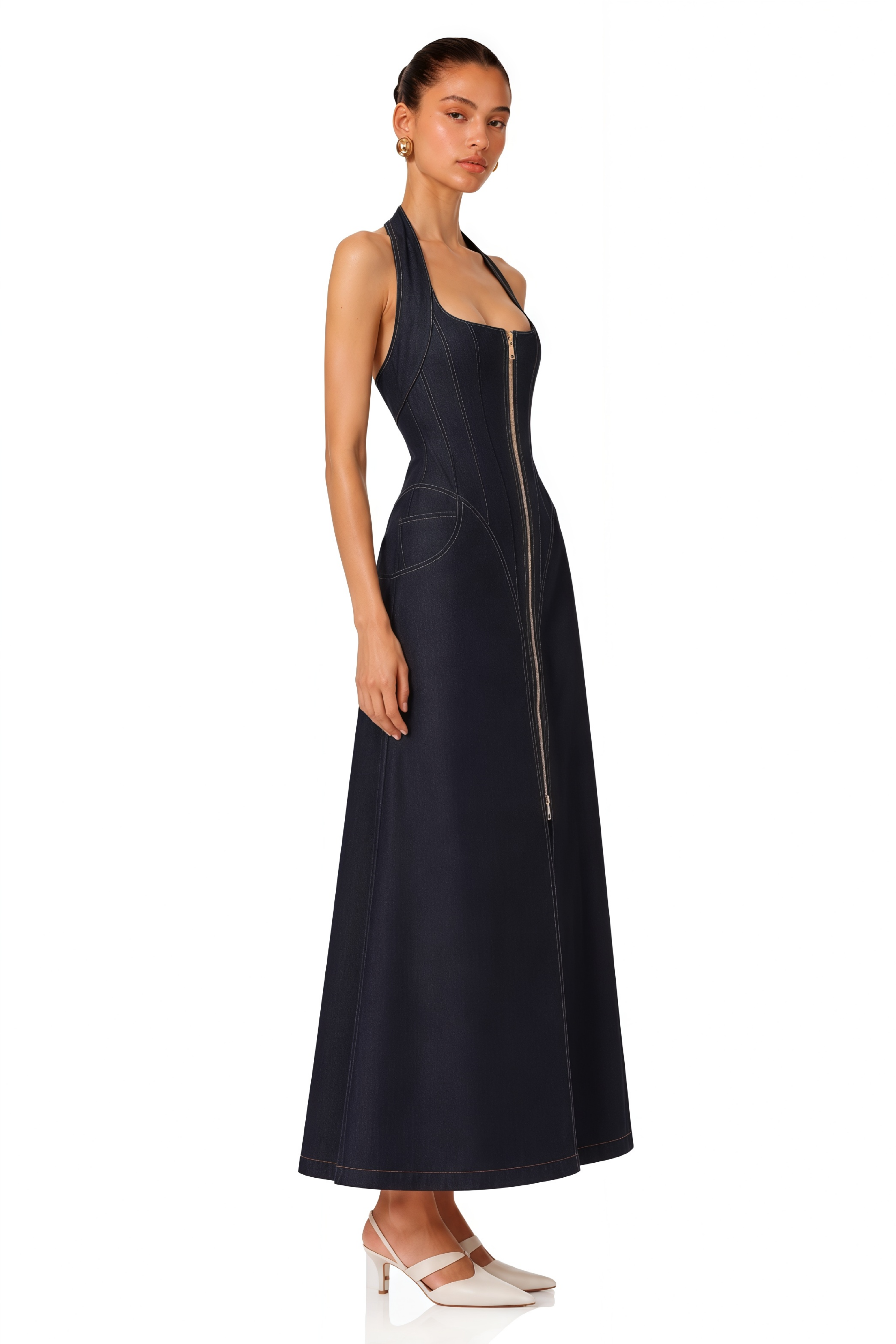 Adrienne Denim Front-Slit Contrast-Stitching Maxi Dress