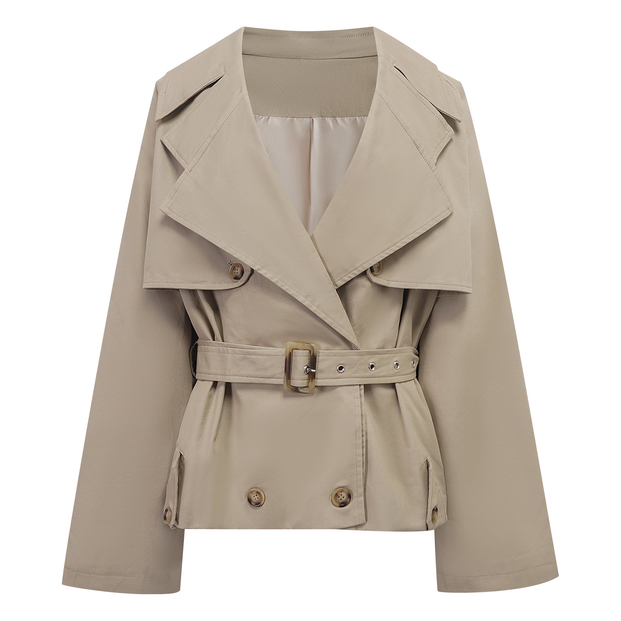 Sandra Khaki Double-Breasted Short Trench Coat