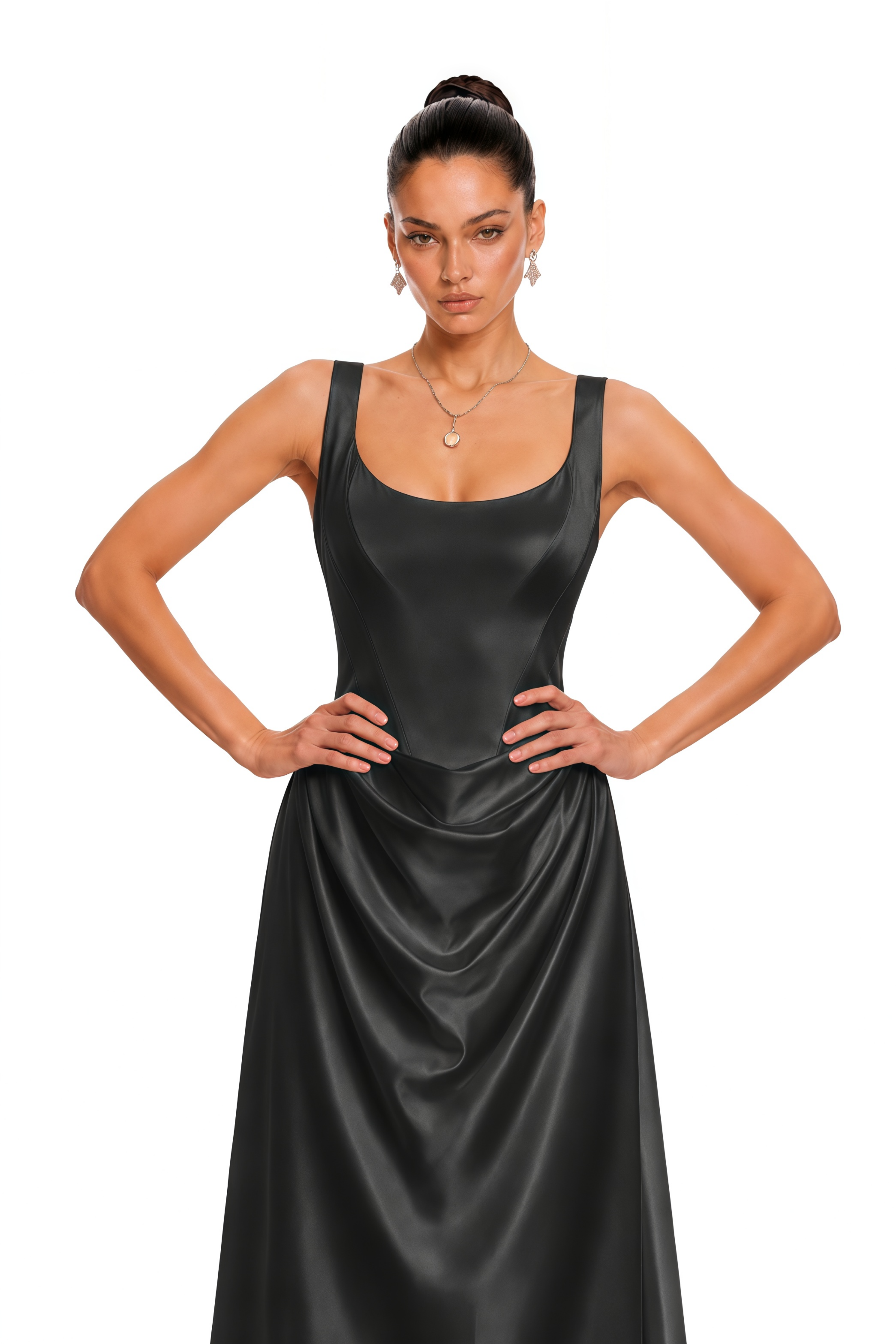 Fiona Black Satin Square Neck Maxi Dress