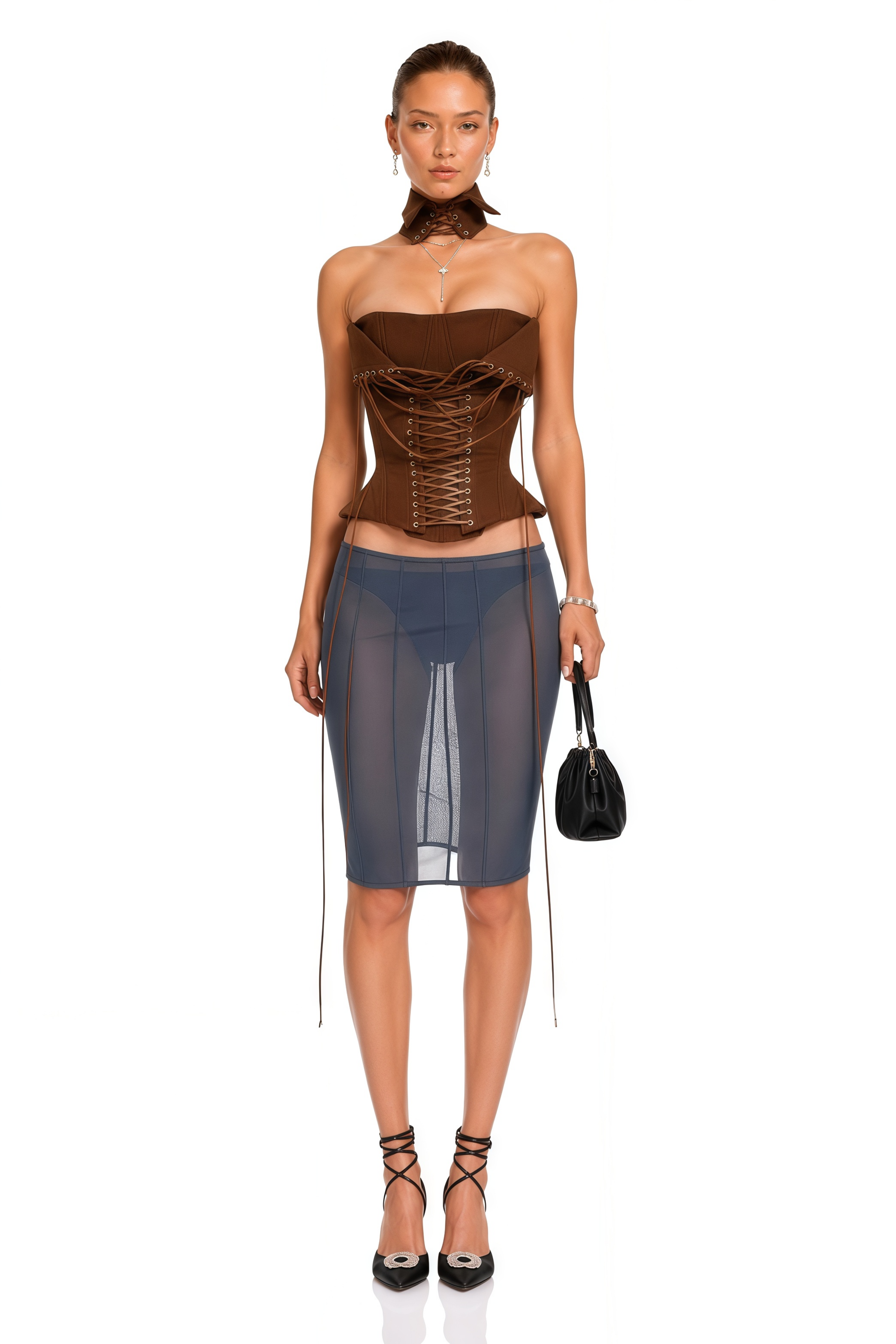 Indre Brown Lace Up Corset Crop Top
