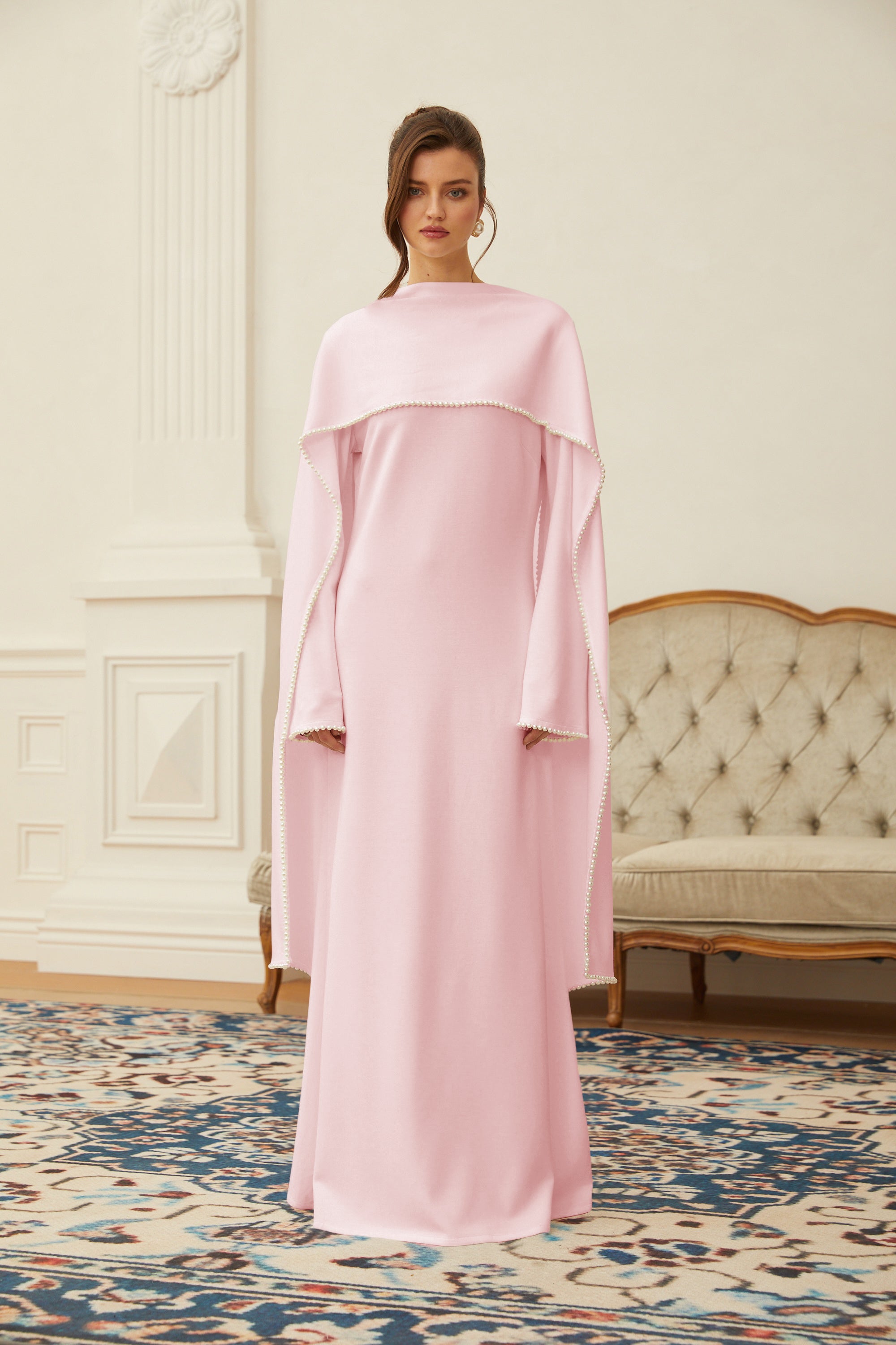 Pale pink long-sleeve maxi dress with a matching beaded cape overlay