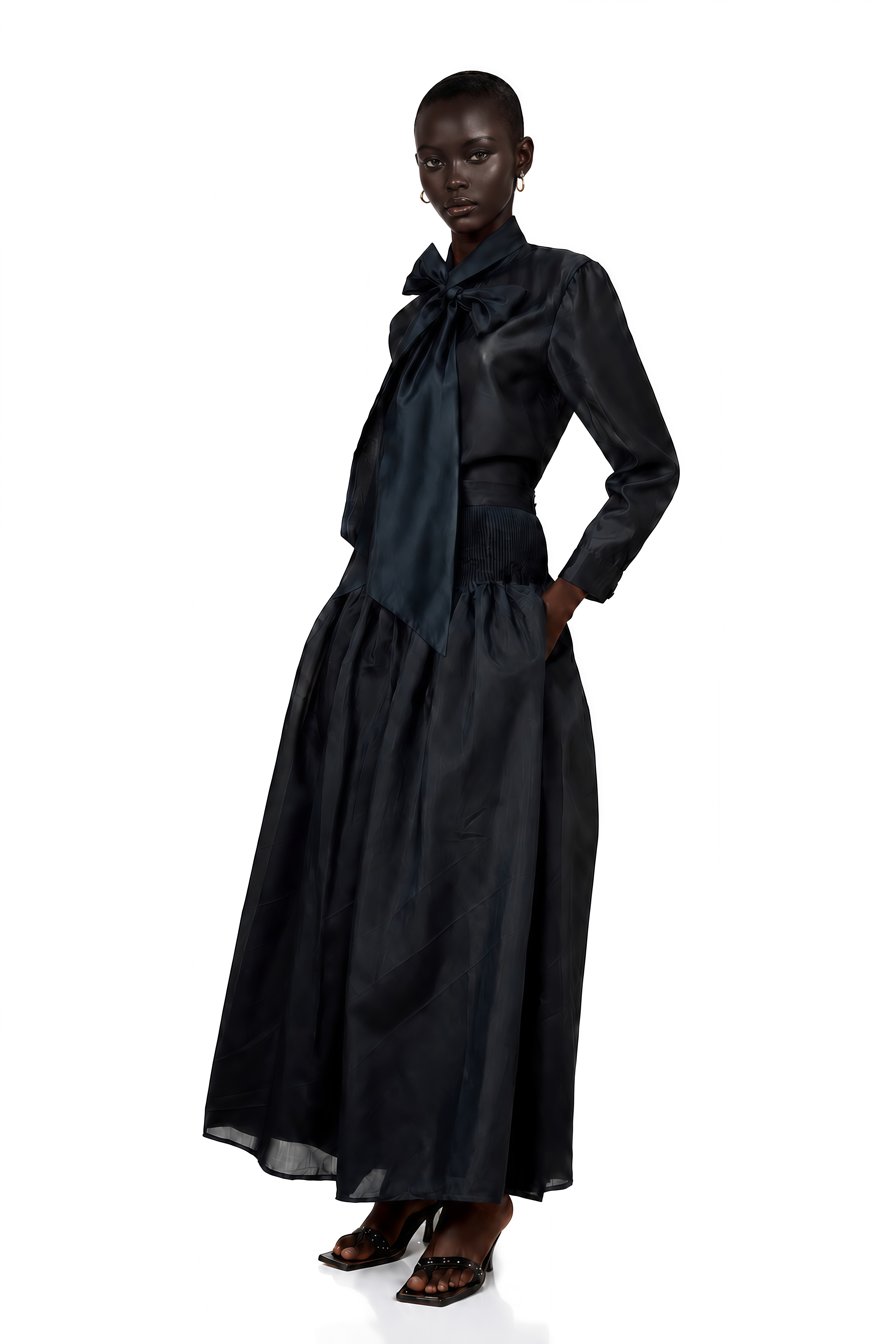Black long-sleeve maxi dress with a pussy-bow neckline