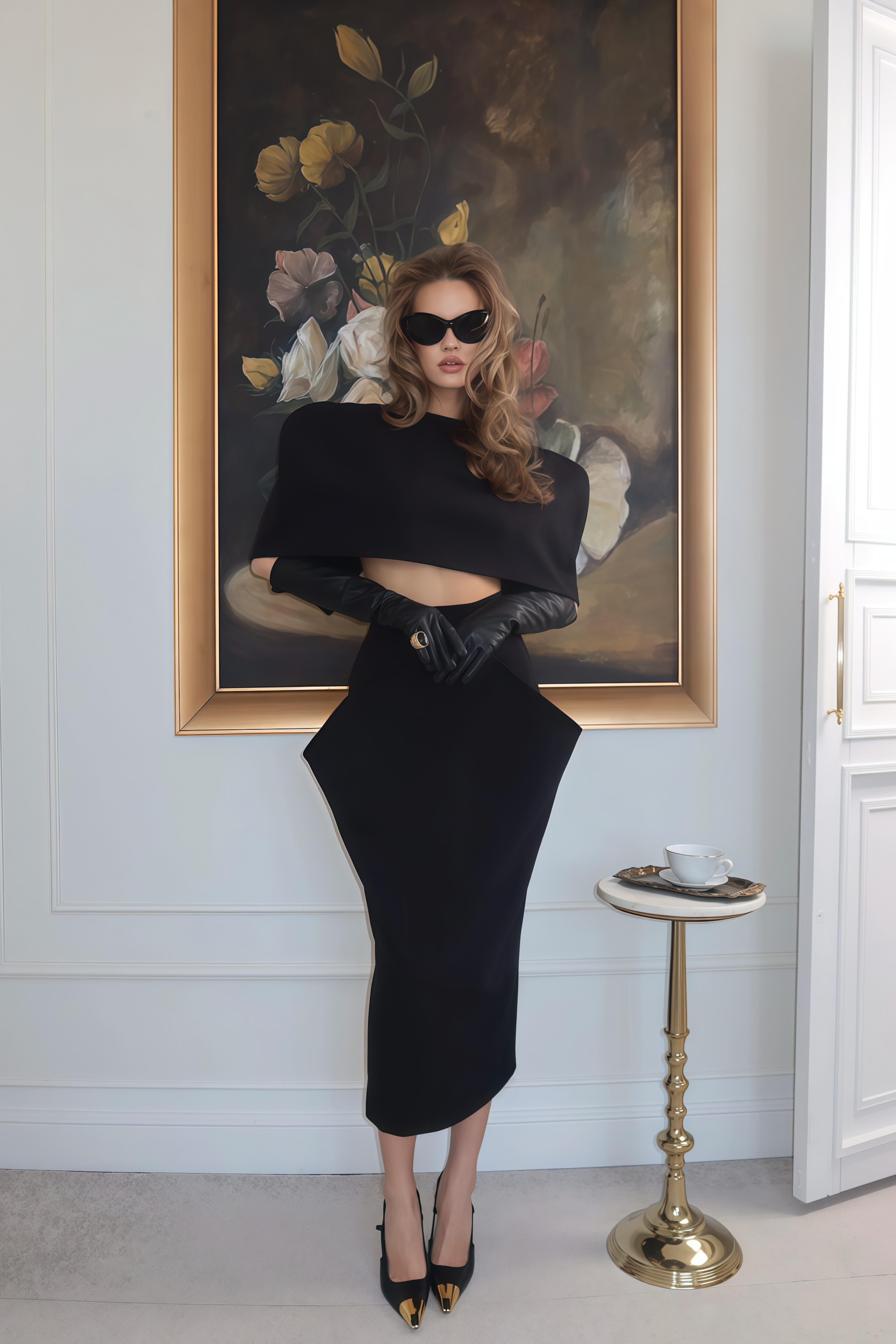 Black structured two-piece midi set with a boxy crop top and an exaggerated hip midi skirt