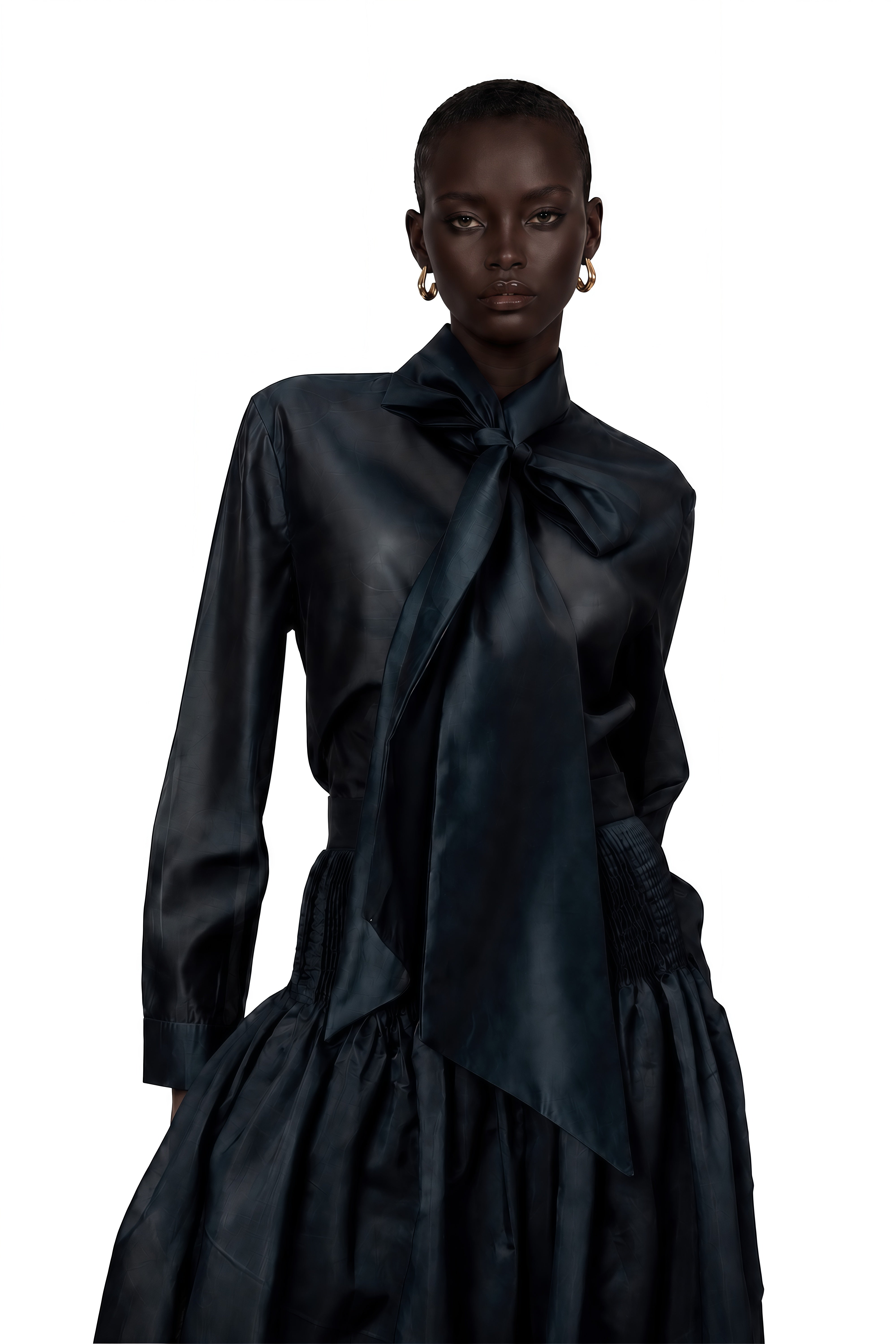 Black long-sleeve maxi dress with a pussy-bow neckline