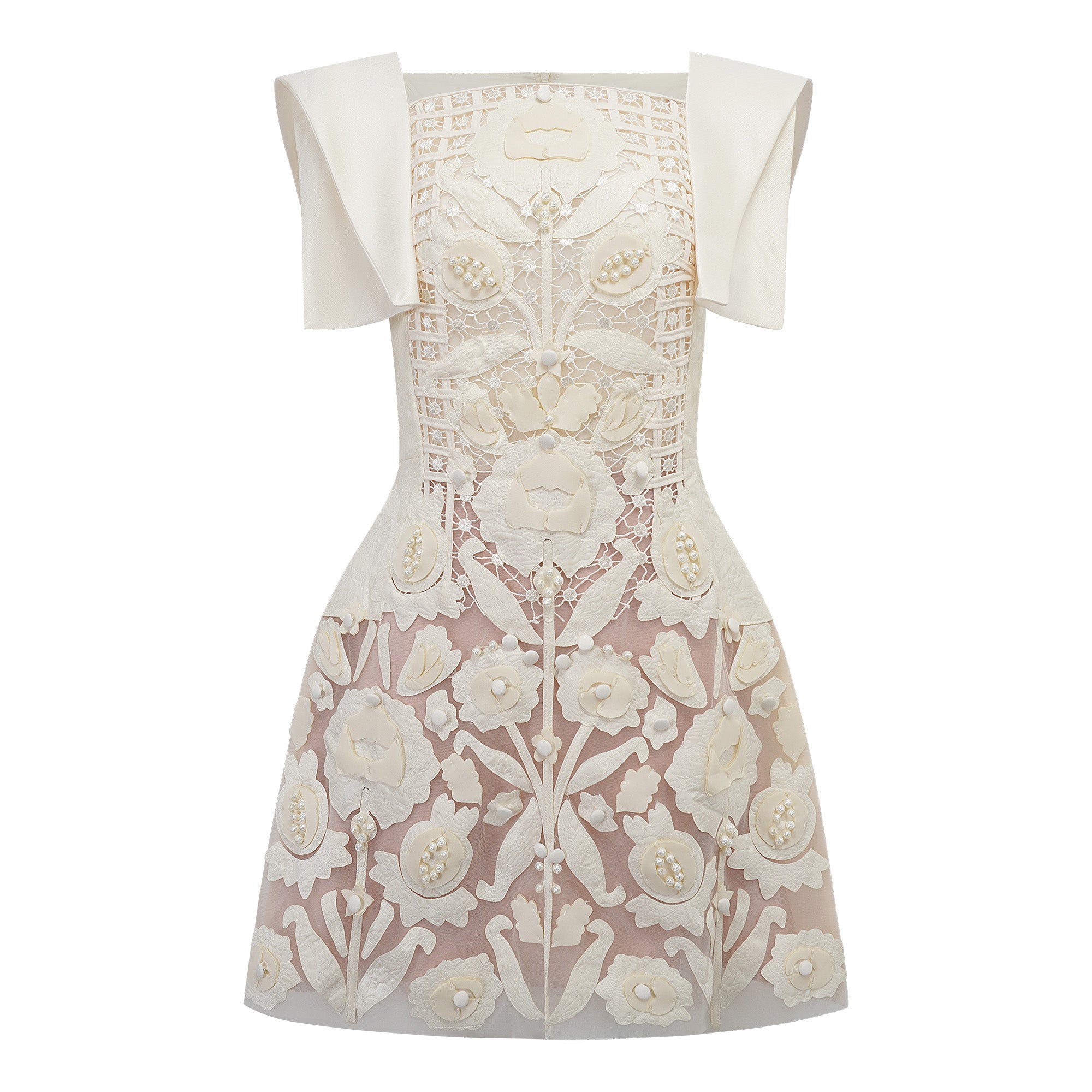 Floral Appliqué Crochet Mini Dress