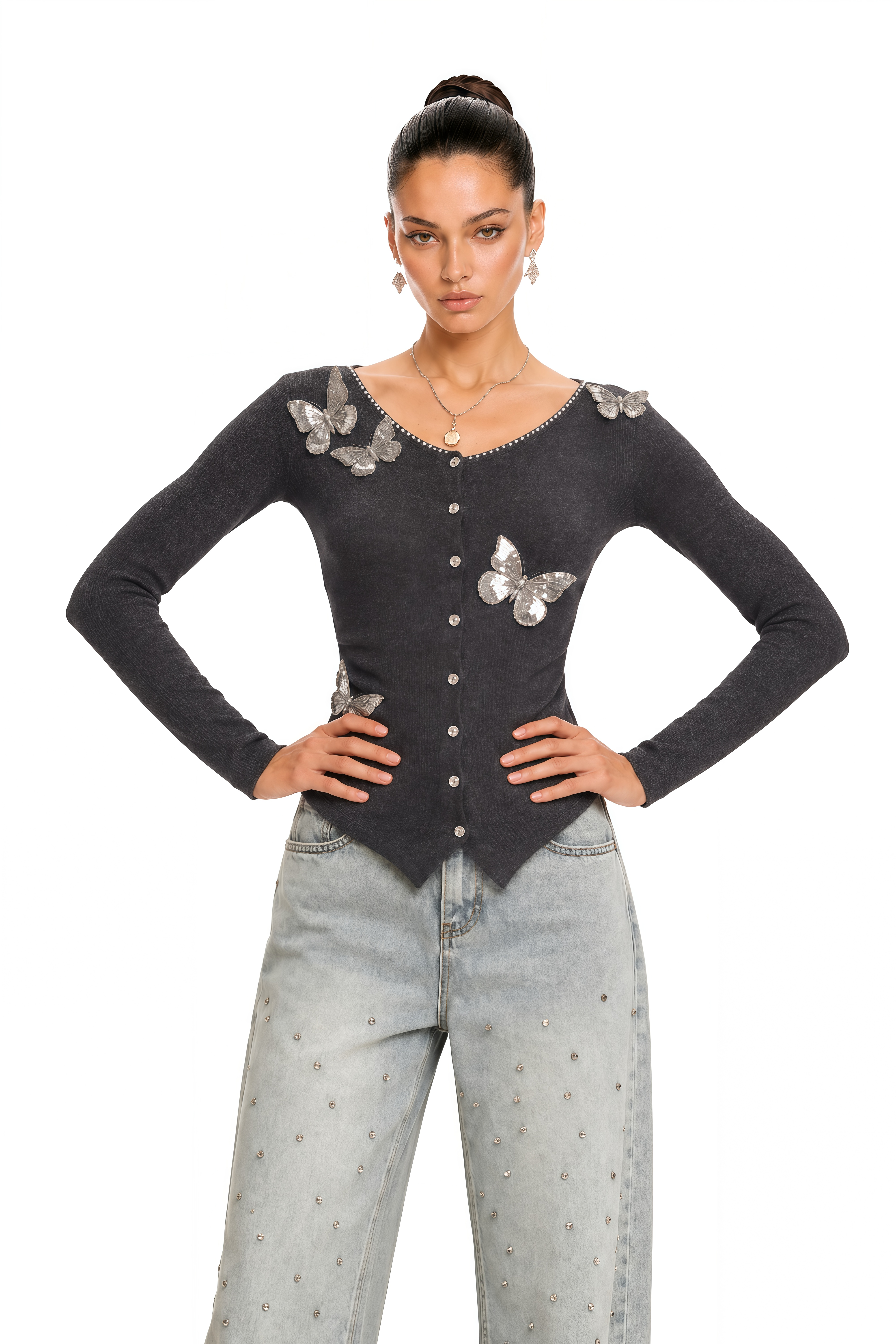 Anastasie Grey Sequined Butterfly-Motif Cardigan