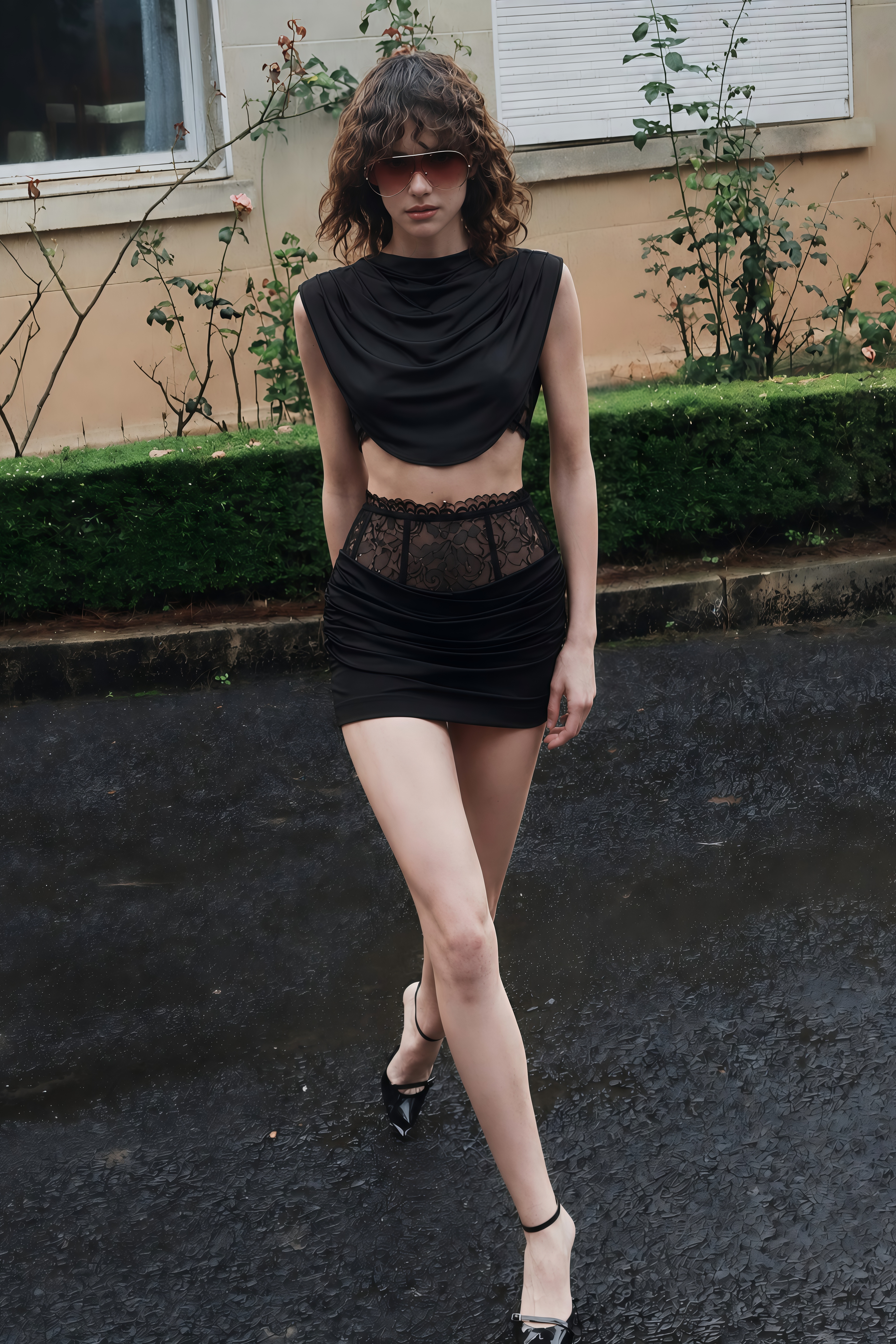 Siosi Black Ruched Top & Skirt Set with Lace Trim