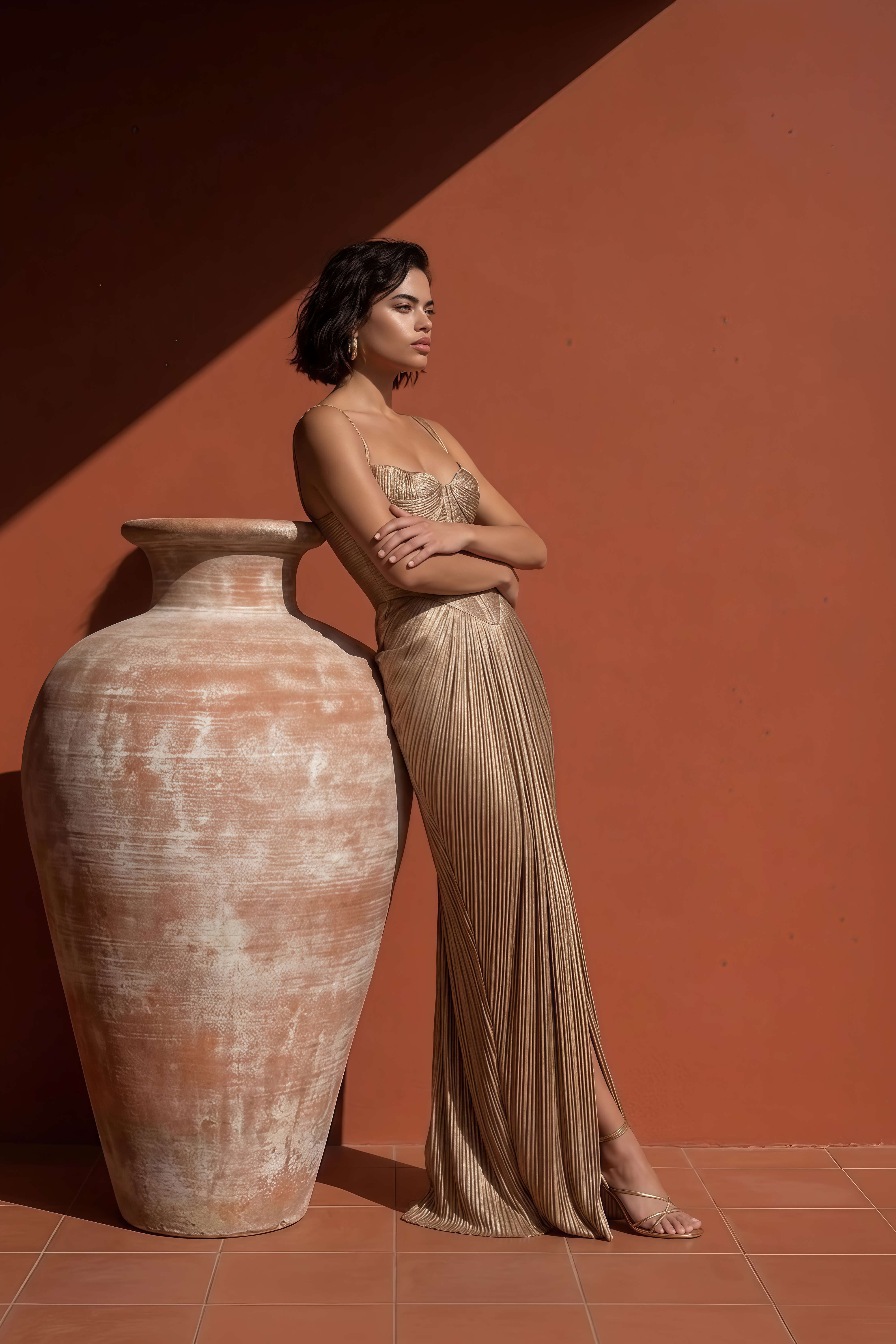 Nicoletta Gold Glossy Pleated Corset Maxi Dress