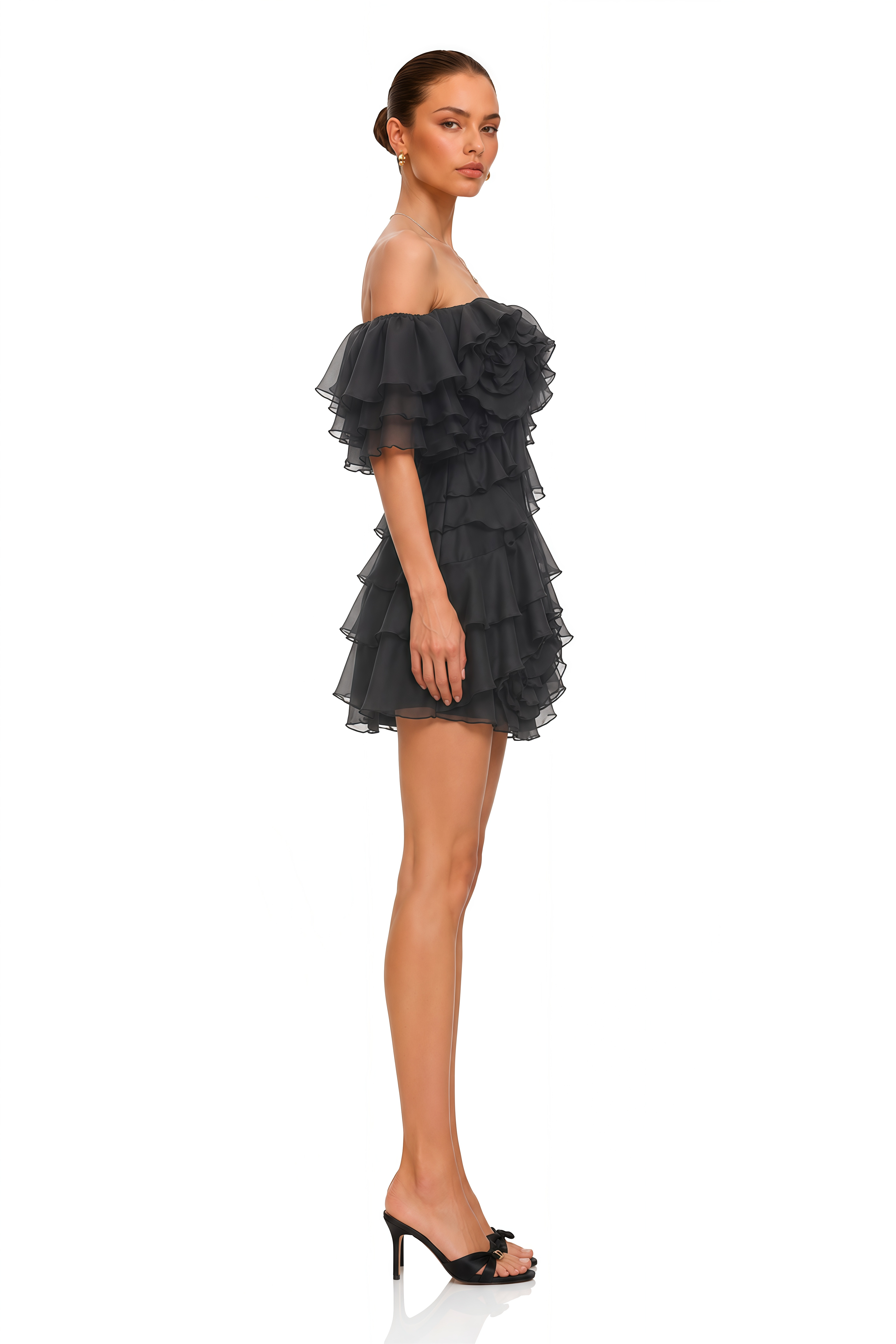 Cerise Asymmetrical Flounce Mini Dress in Black