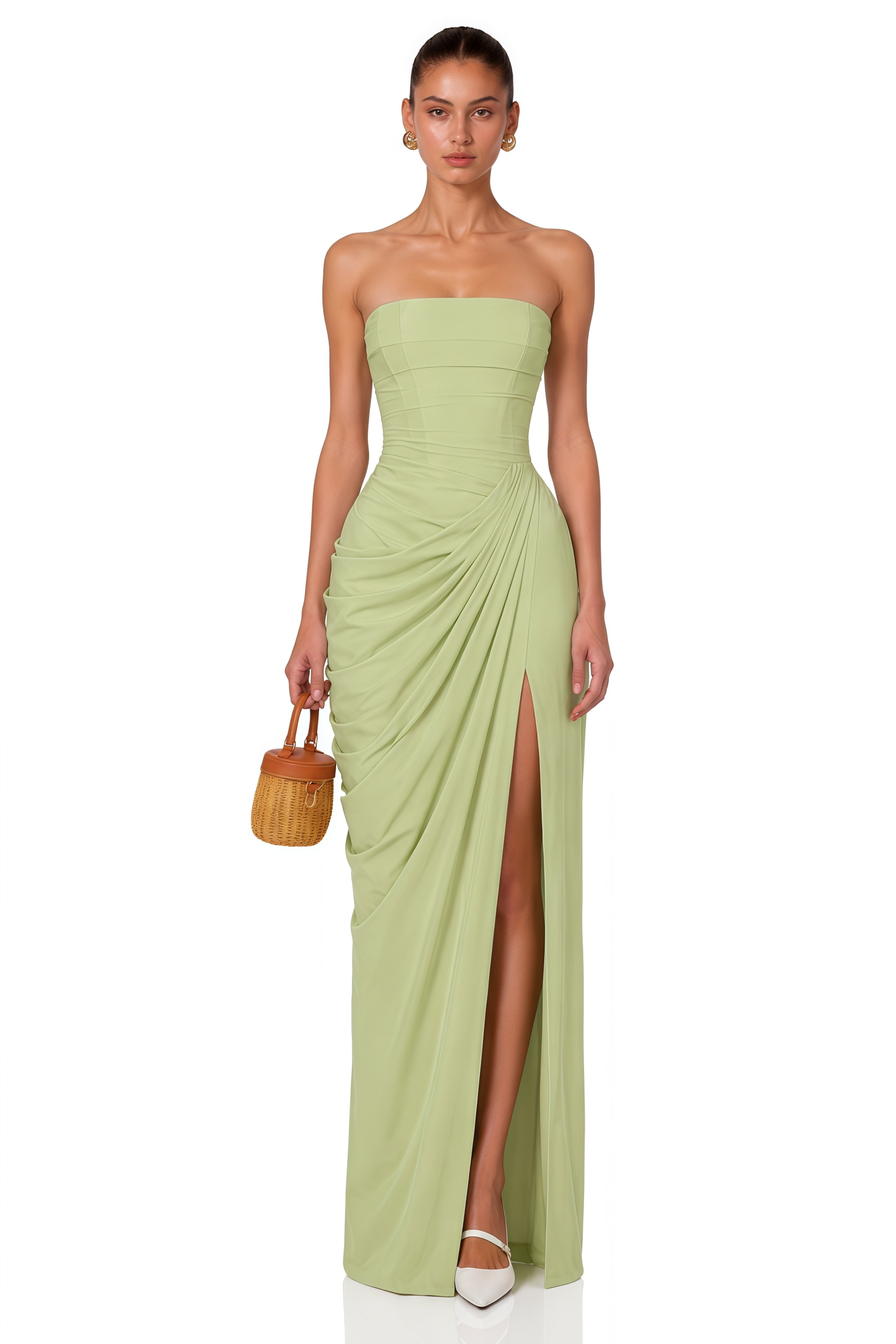 Safiya Green Ruched Maxi Dress with Cross Front