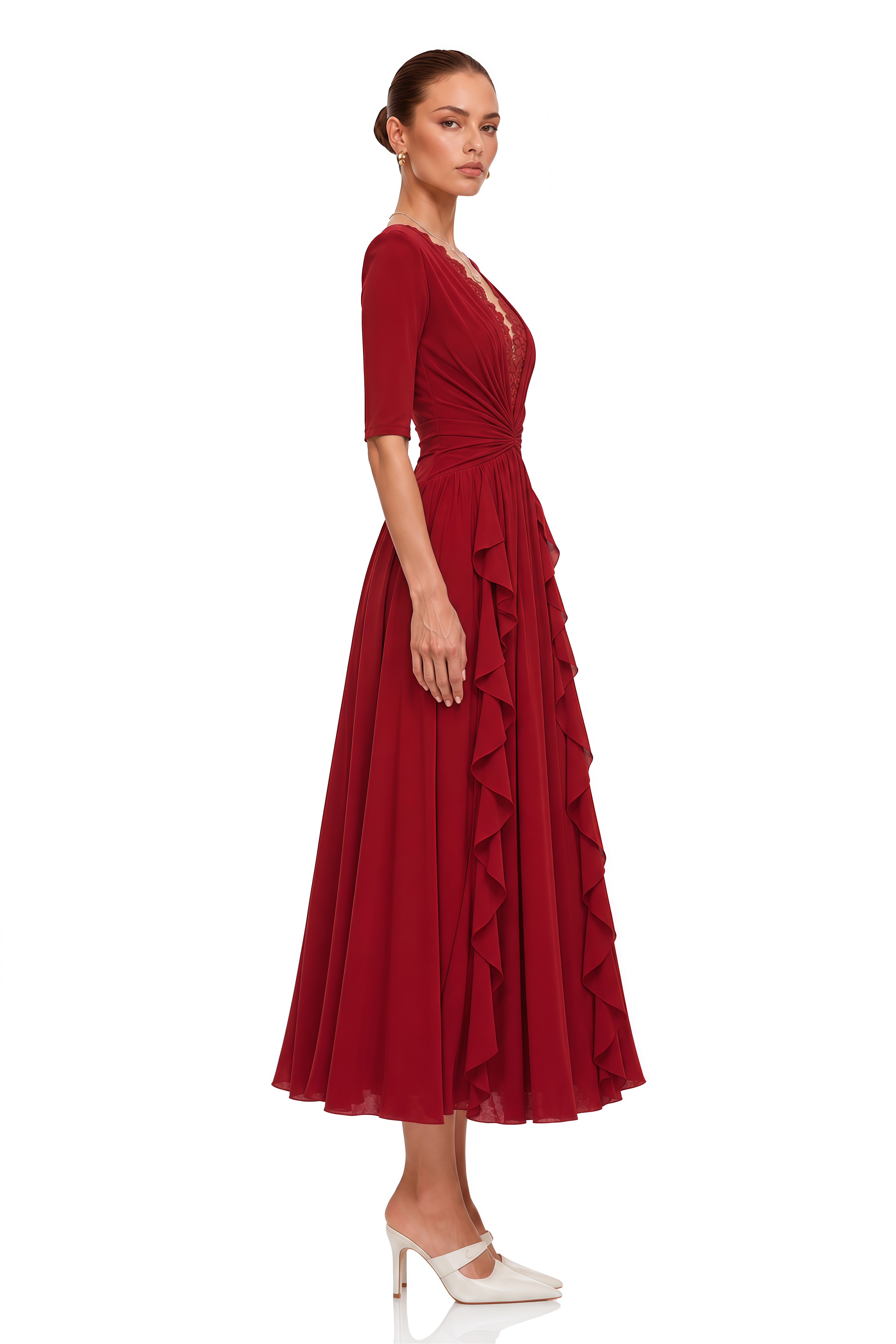 Giovanna Red V-Neck Ruched Midi Dress with Half Sleeves