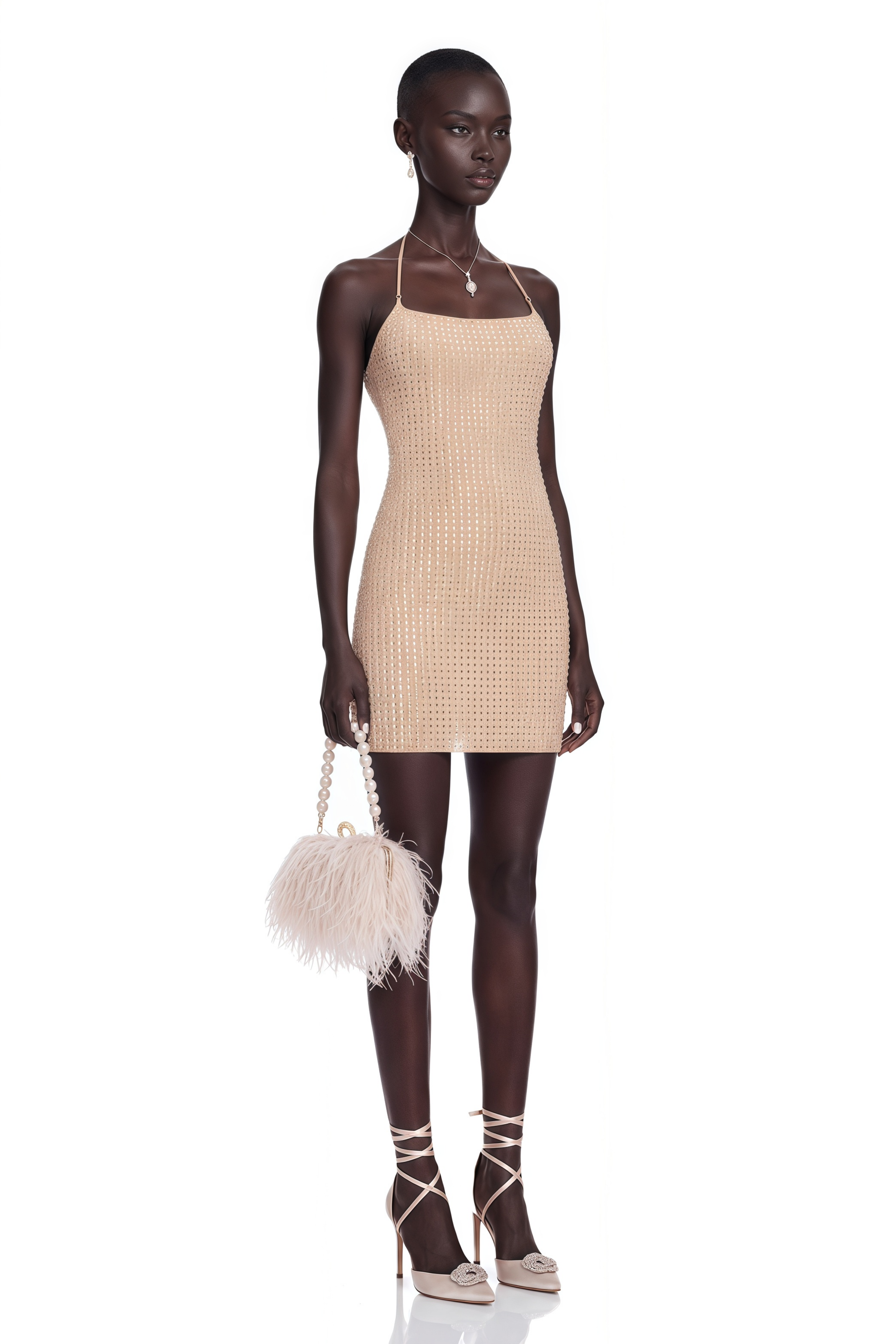 Bblythe Neutral Halterneck Rhinestone Mini Dress