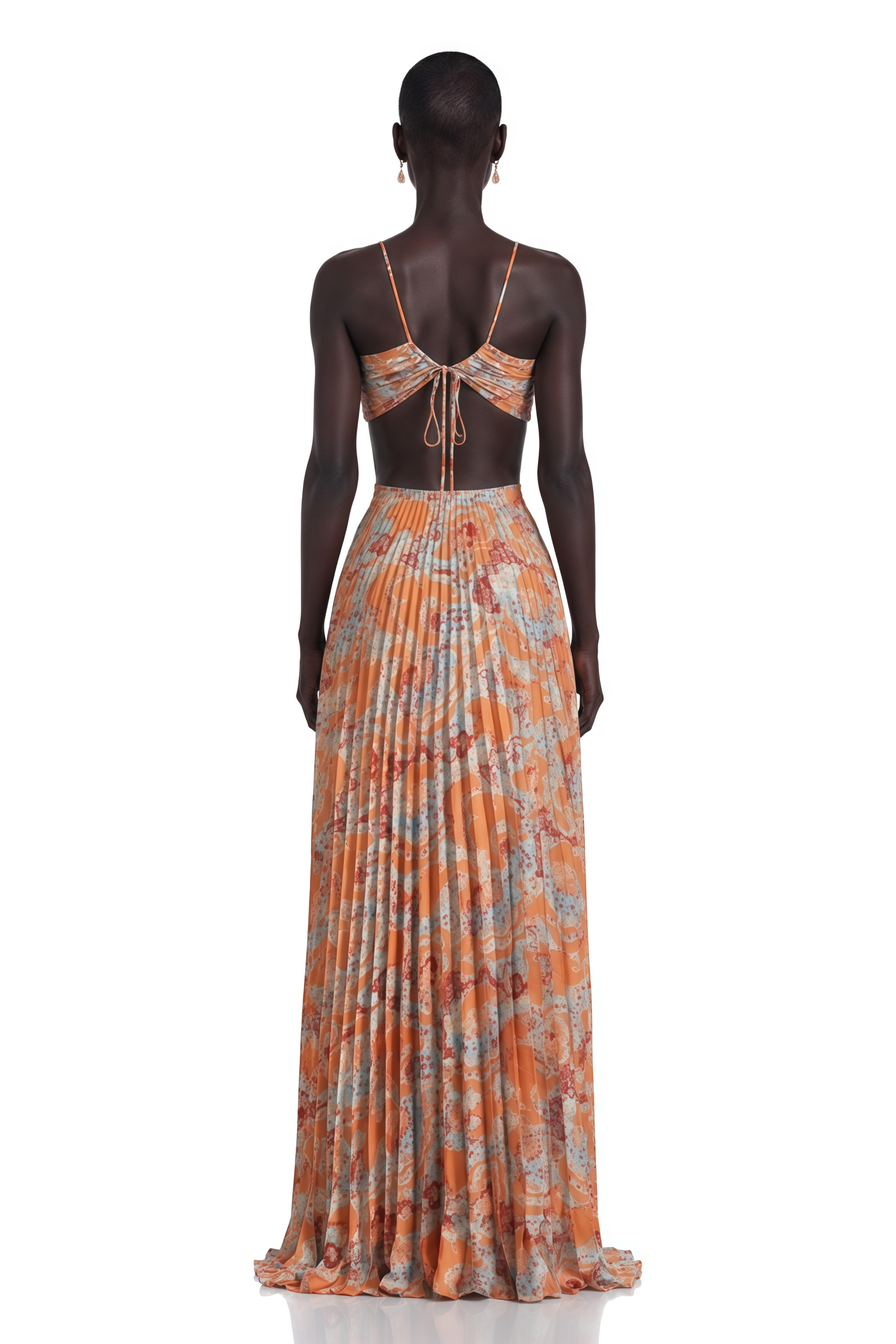 Andréa Orange Floral Print Pleated Maxi Dress with Cutout Detail