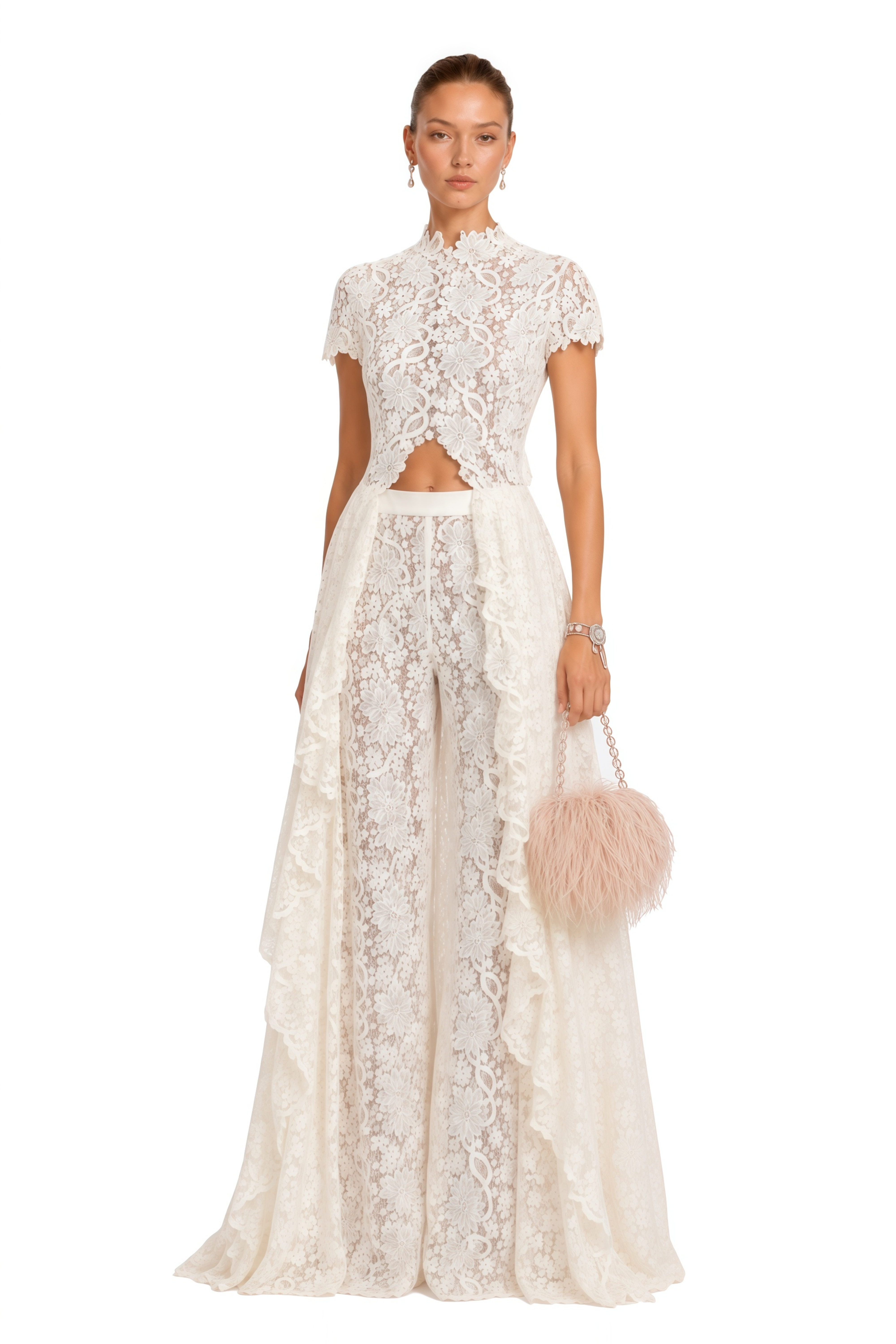 Loana White Floral Lace Top & Trousers Set   