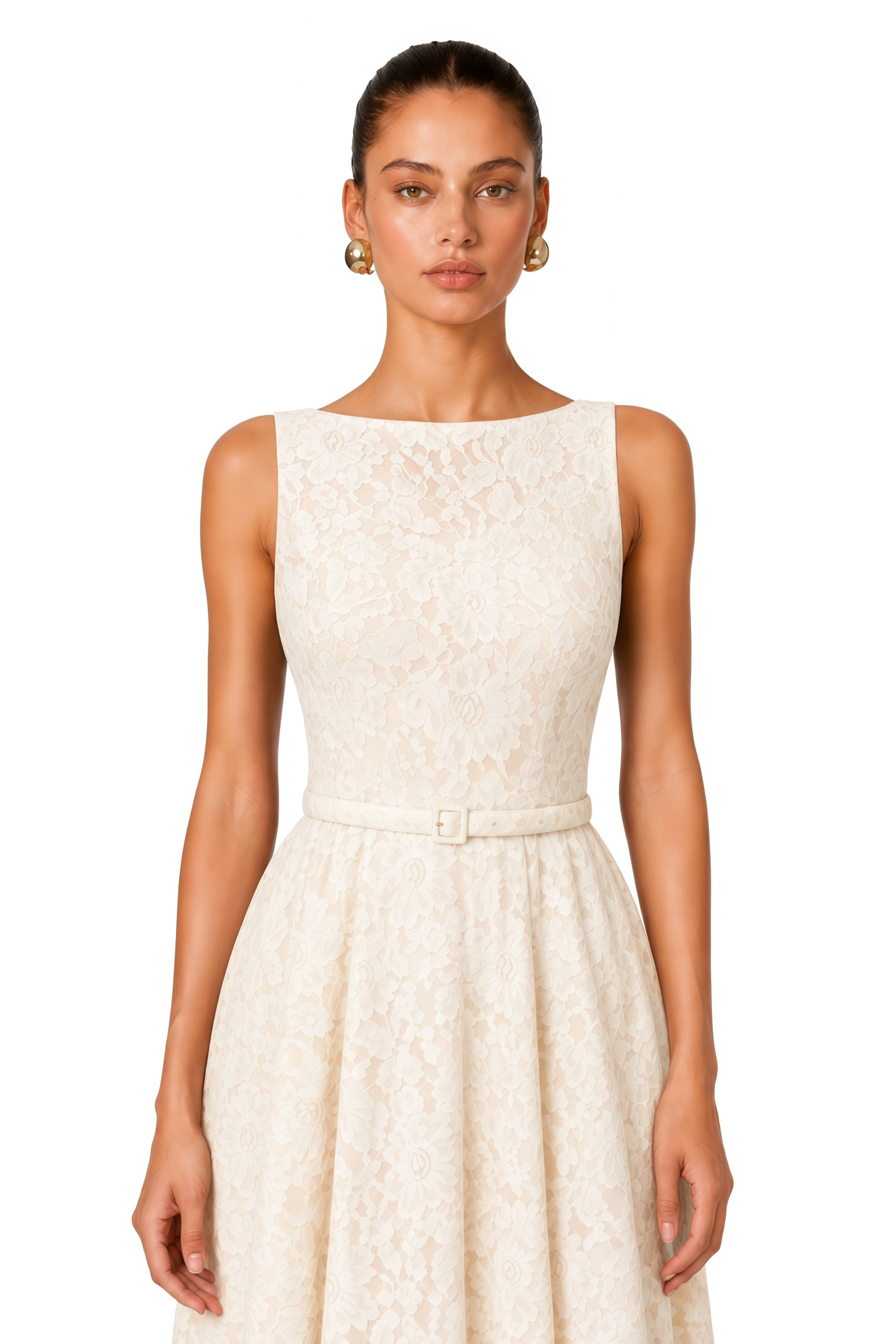 Golnar White Sleeveless Floral Lace Maxi Dress
