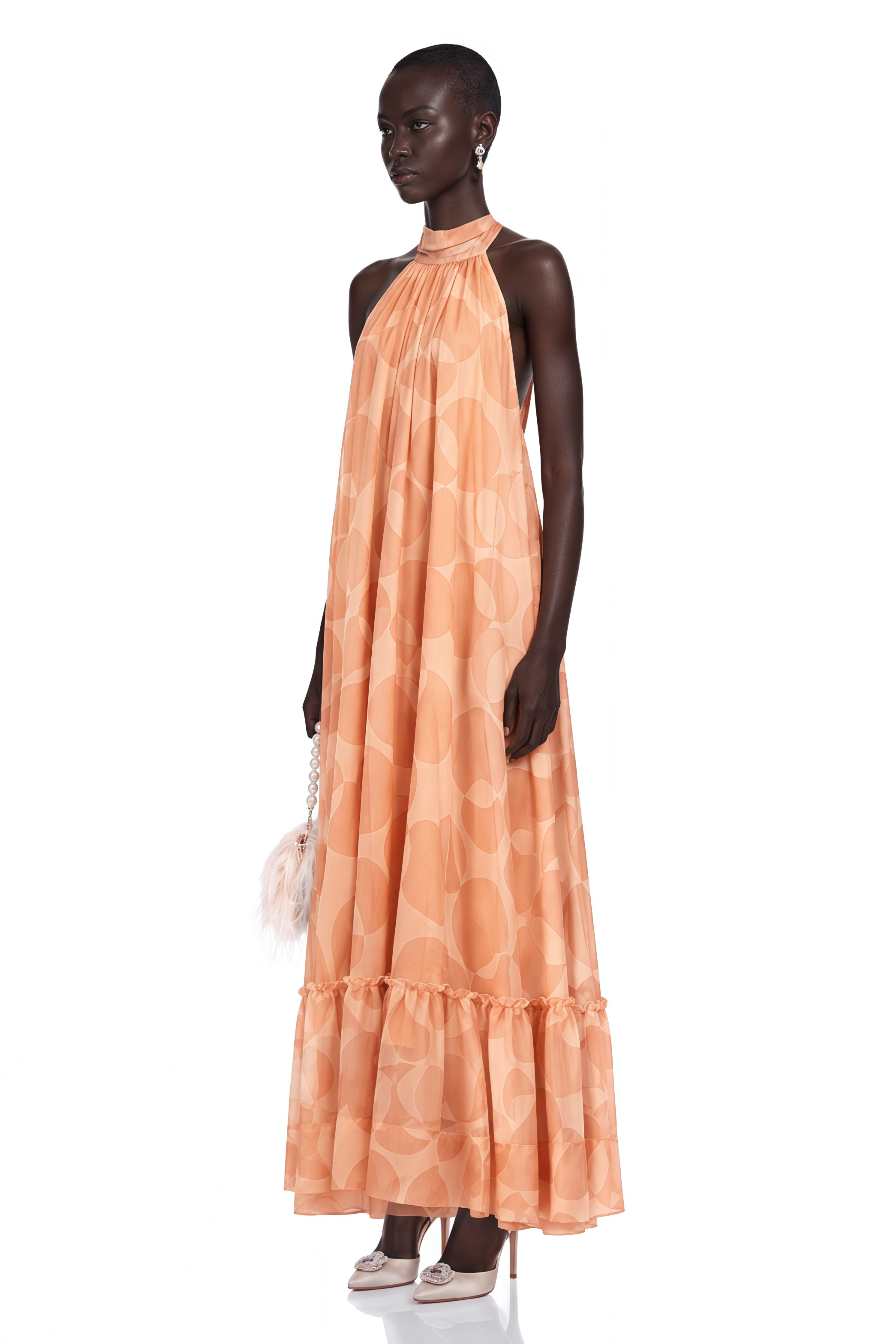 Clémence Coral-Pink Halterneck Pattern-Print Maxi Dress