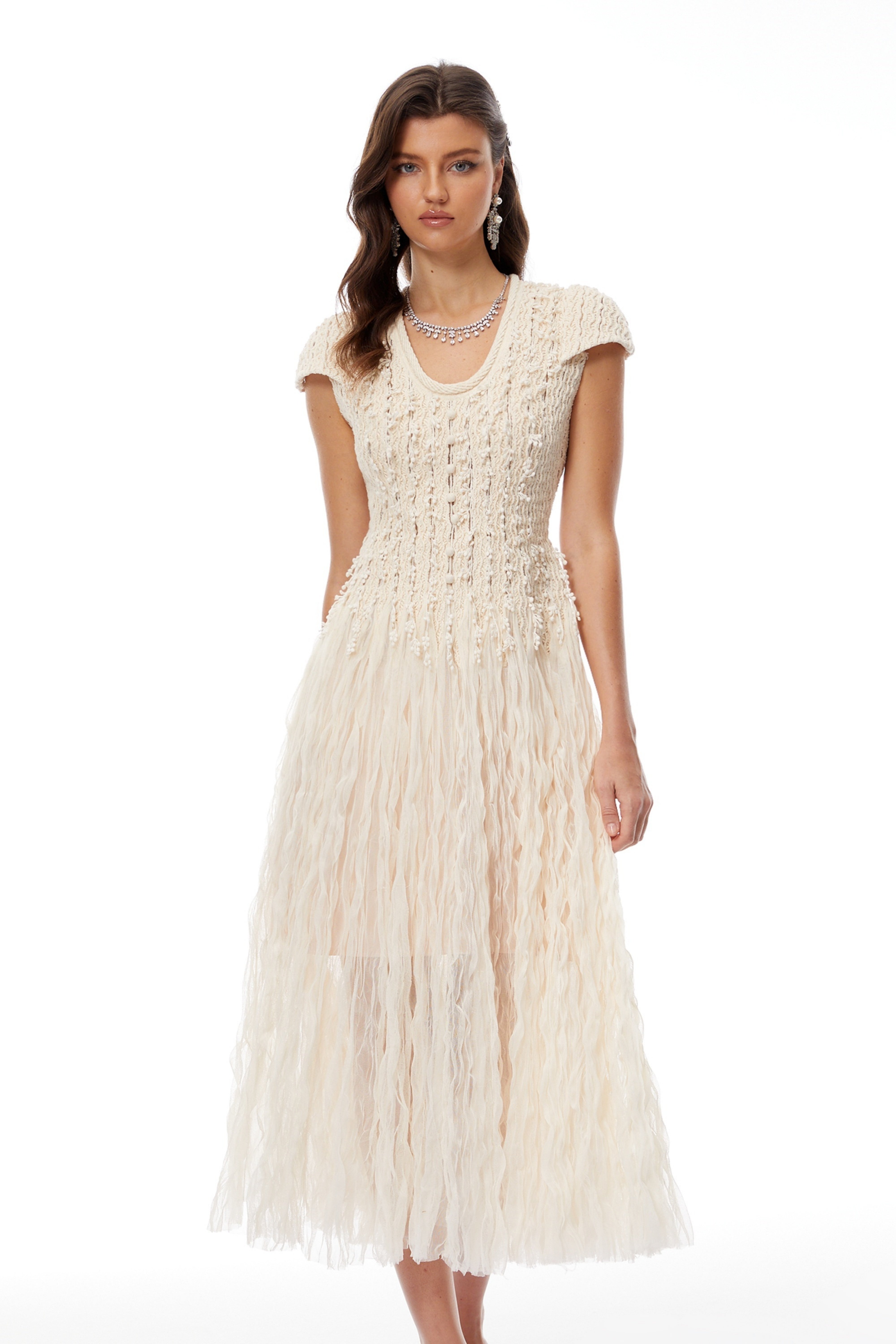 Cream cap-sleeve textured knit midi dress with fringe detailed skirt