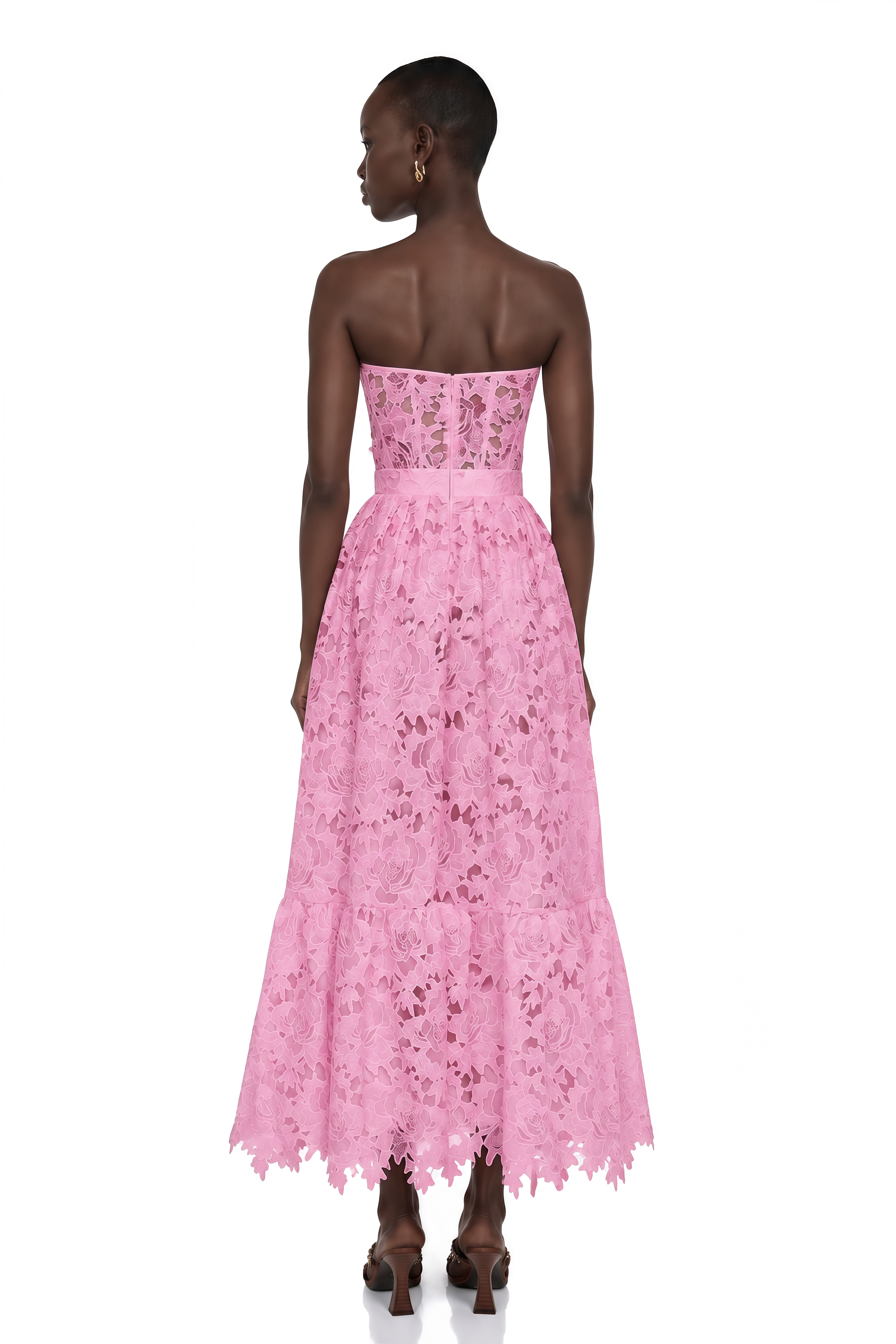 Inès lace floral embroidered cut-out midi dress in Pink