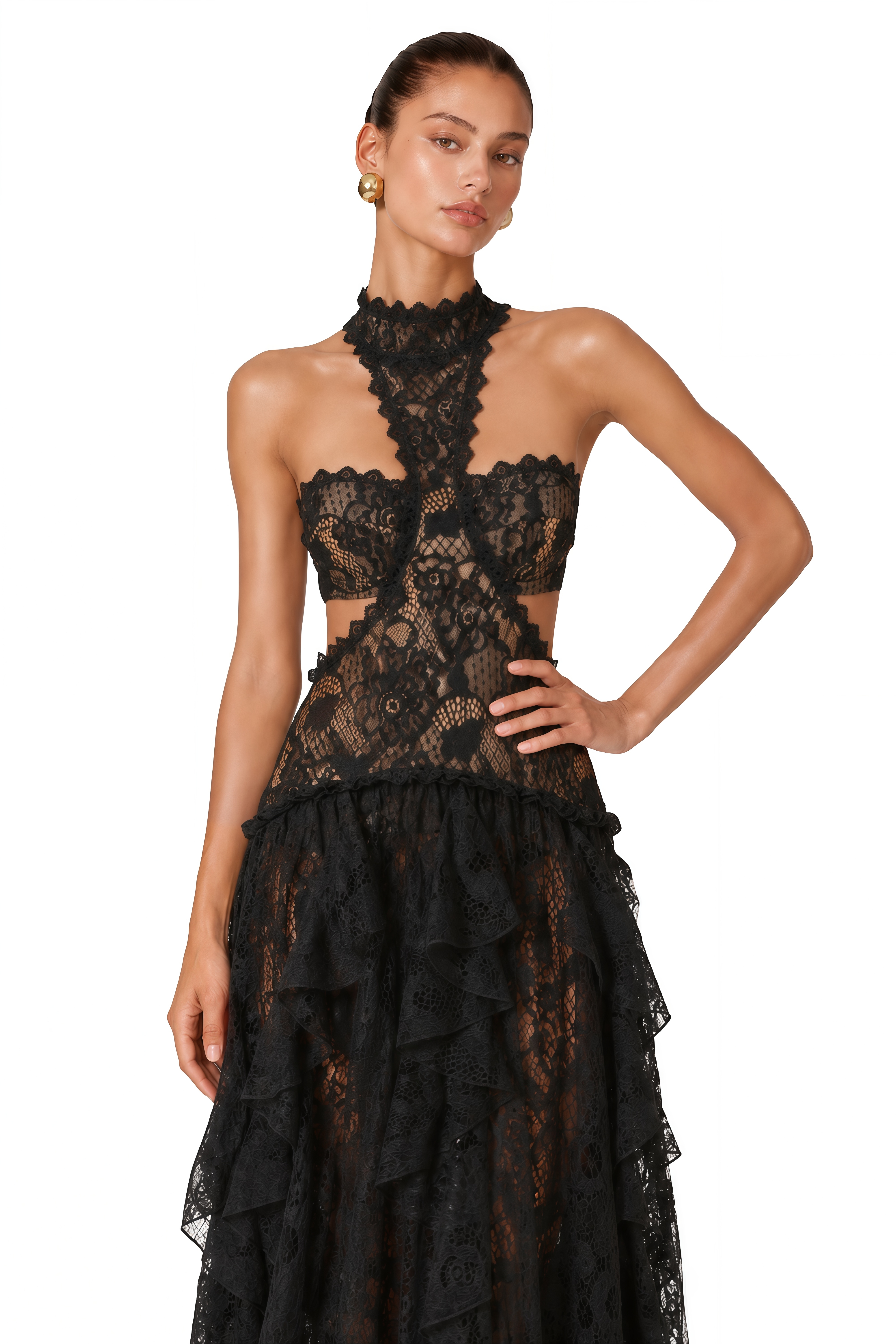Evelyn Black Halterneck Lace Maxi Dress